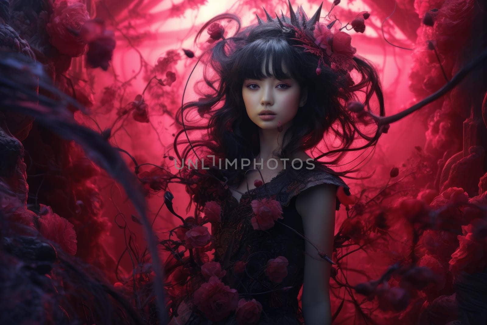 Avant-garde Woman model photography. Lady with floral. Generate ai
