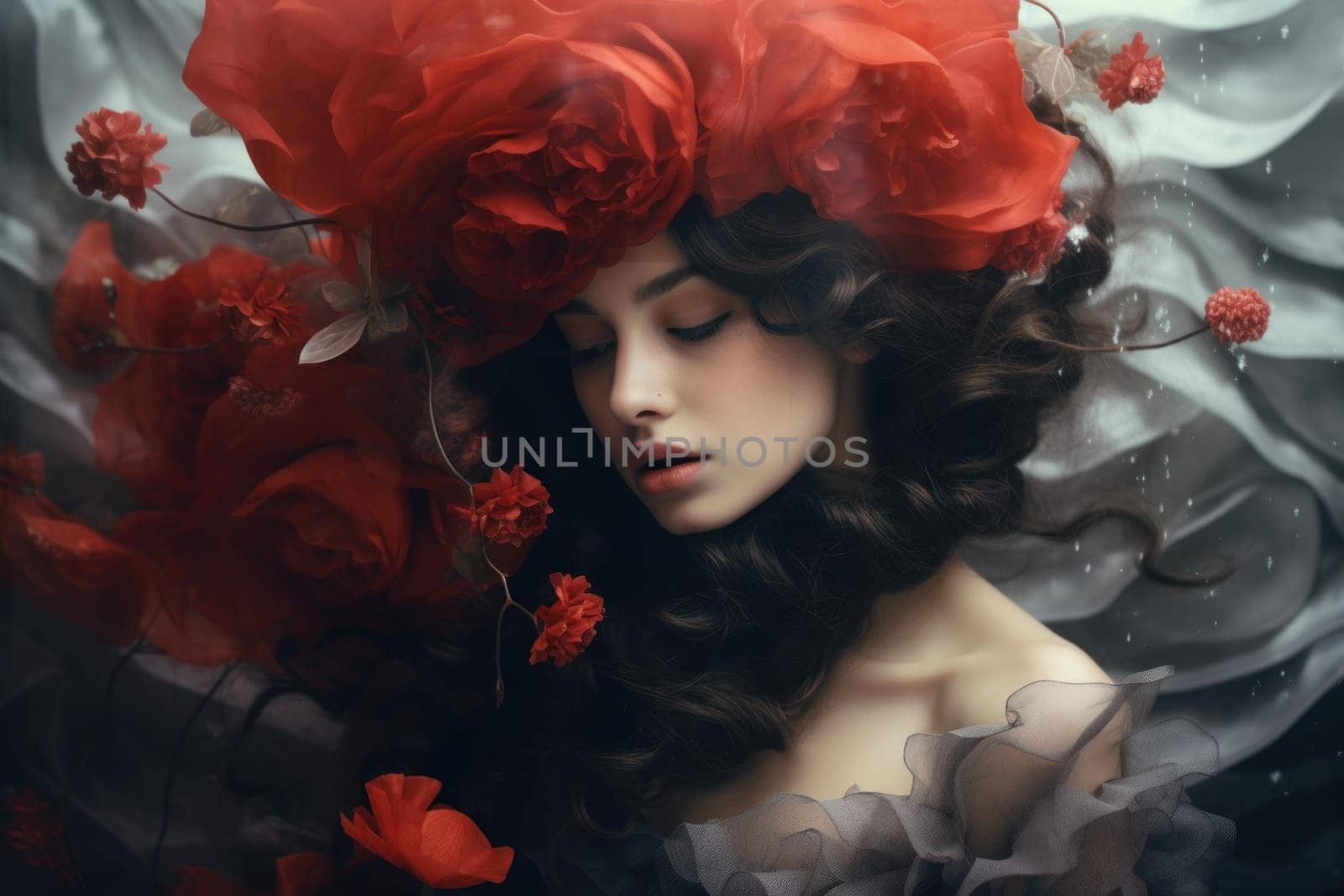 Vibrant Woman model photography. Lady with floral. Generate ai