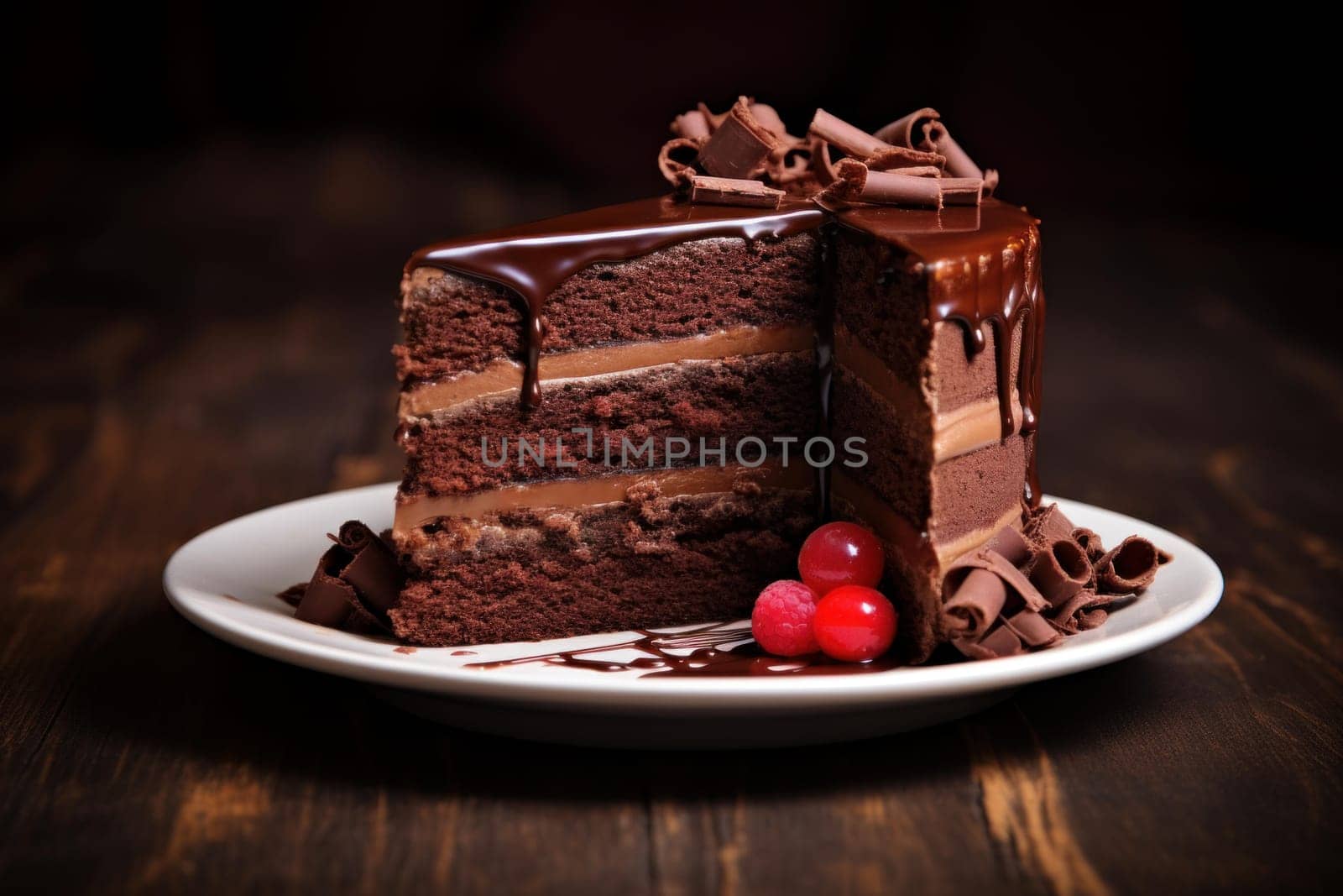 Decadent Piece chocolate cake. Brown piece pie. Generate Ai