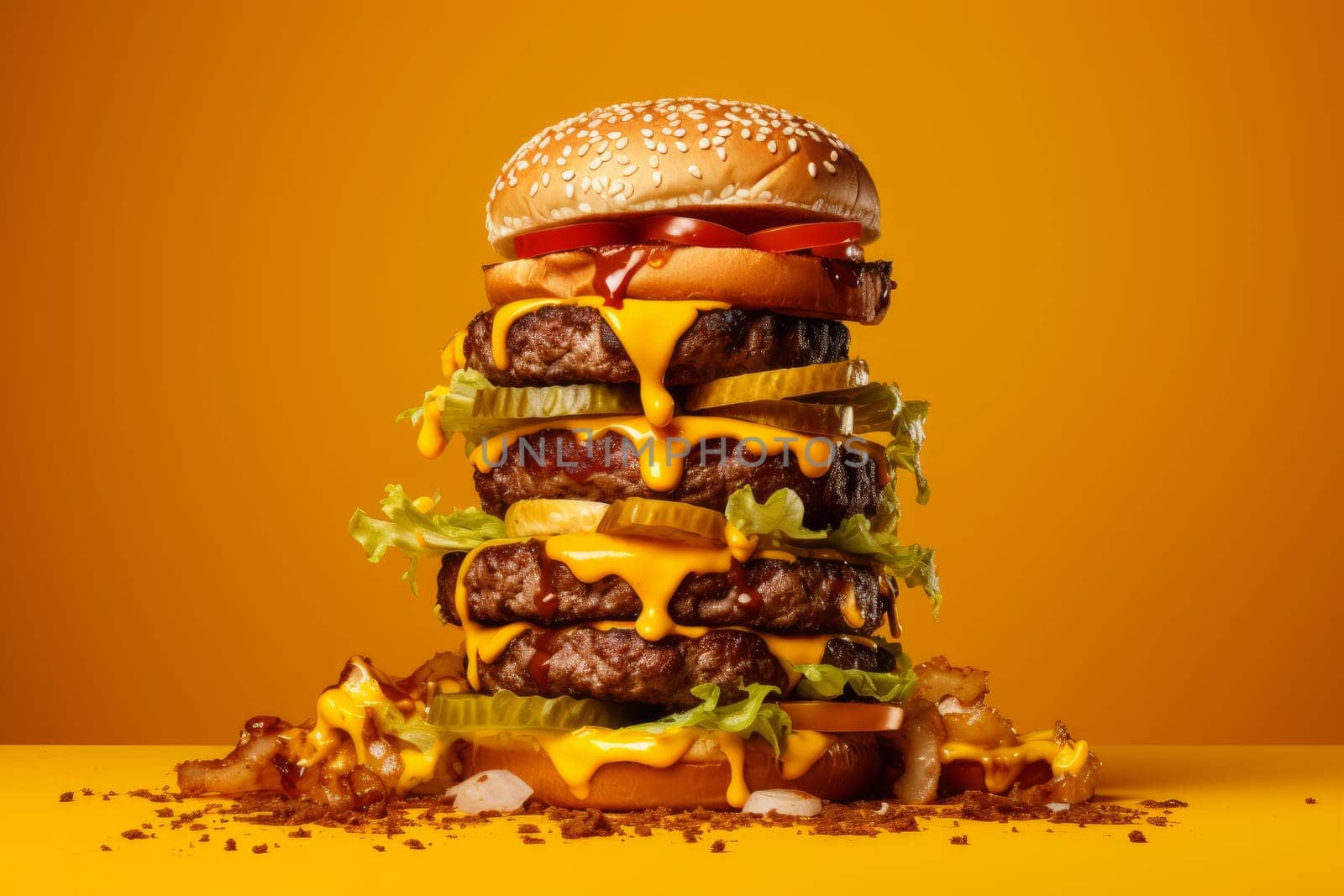 Juicy Pile burgers orange background. Meat fresh. Generate Ai