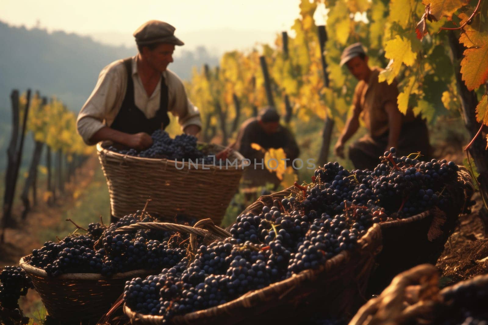 Bountiful Picking grape harvest farm. Farmer vineyard at rural nature outdoor. Generate Ai