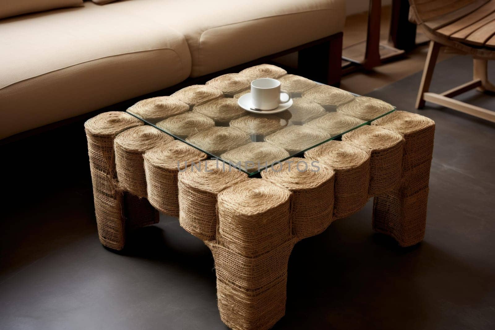 Textured Pieces burlap fabric wooden table. Linen cloth flax sack textile. Generate Ai