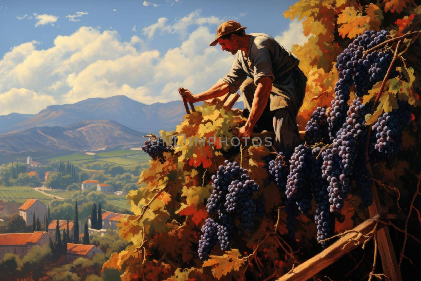 Picturesque Picking grape harvest farm. Farmer vineyard at rural nature outdoor. Generate Ai