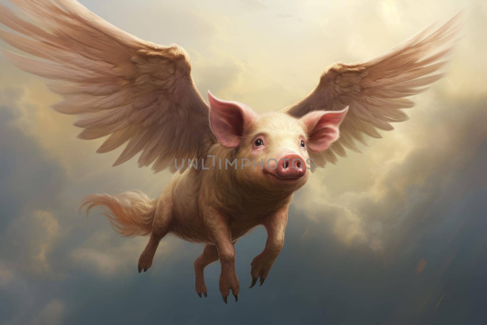Imaginary Pig flying wings. Nature sky swine. Generate Ai