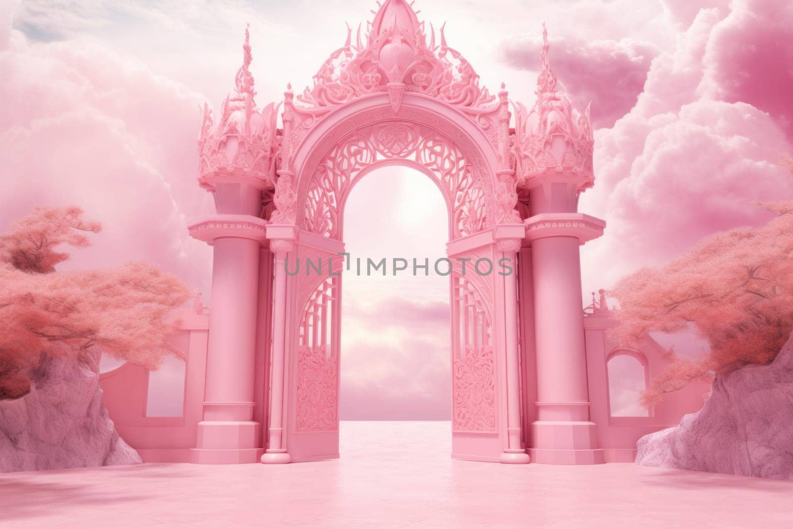 Whimsical Pink gates paradise. Floral tree party wedding love. Generate Ai