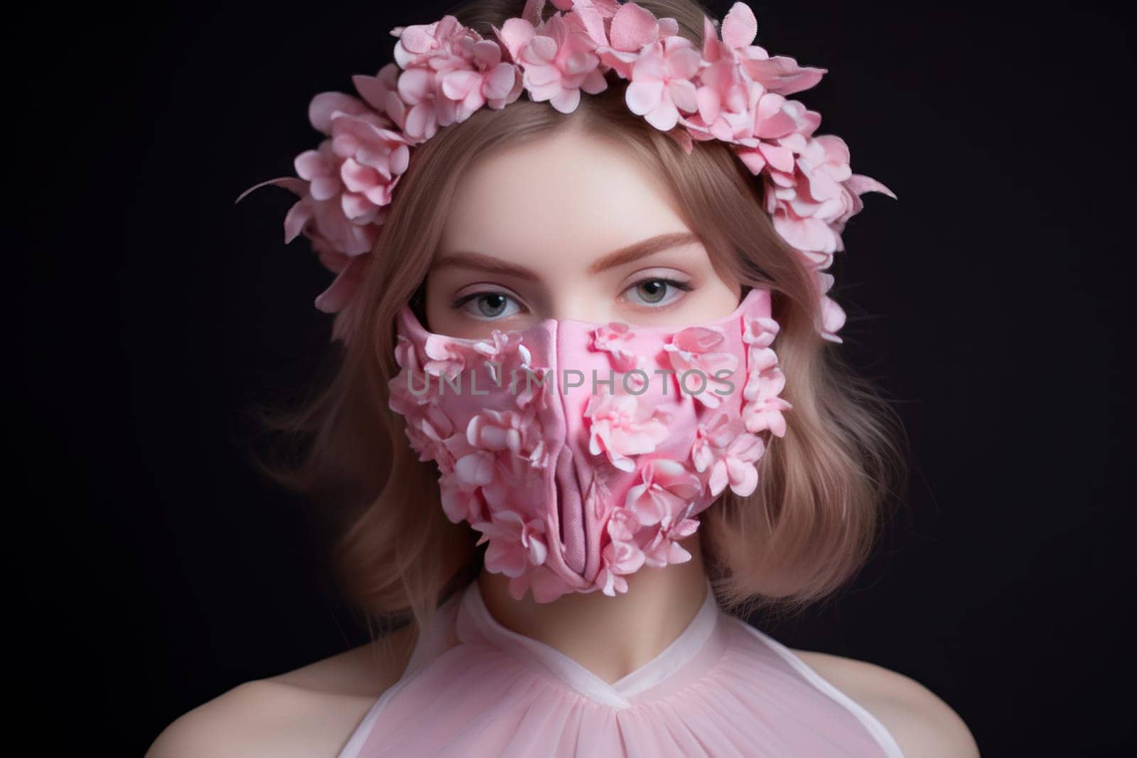 Fragrant Pink flowers mask. Cute lady. Generate Ai