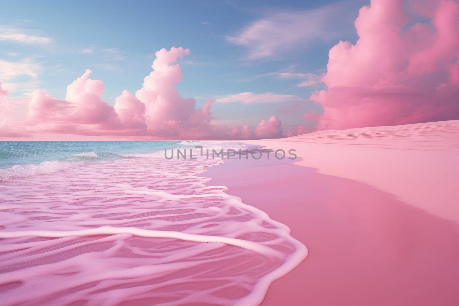 Pink beach surreal. Tropical retro. Generate Ai