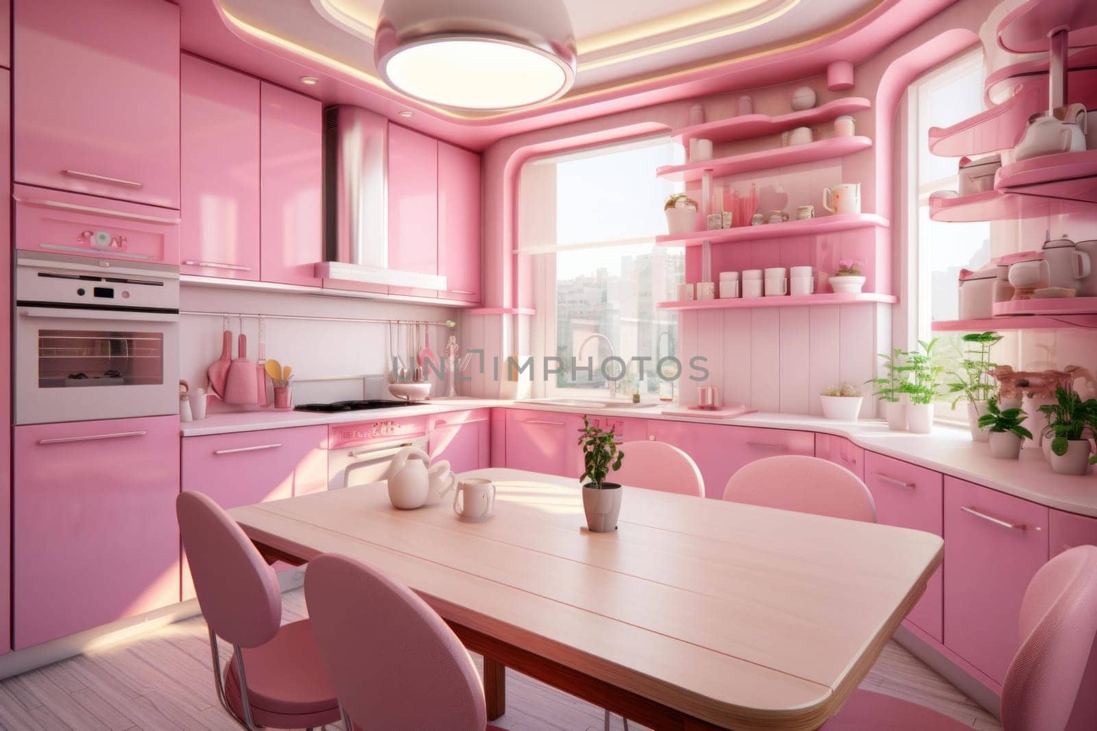 Charming Pink kitchen. Modern furniture home. Generate Ai