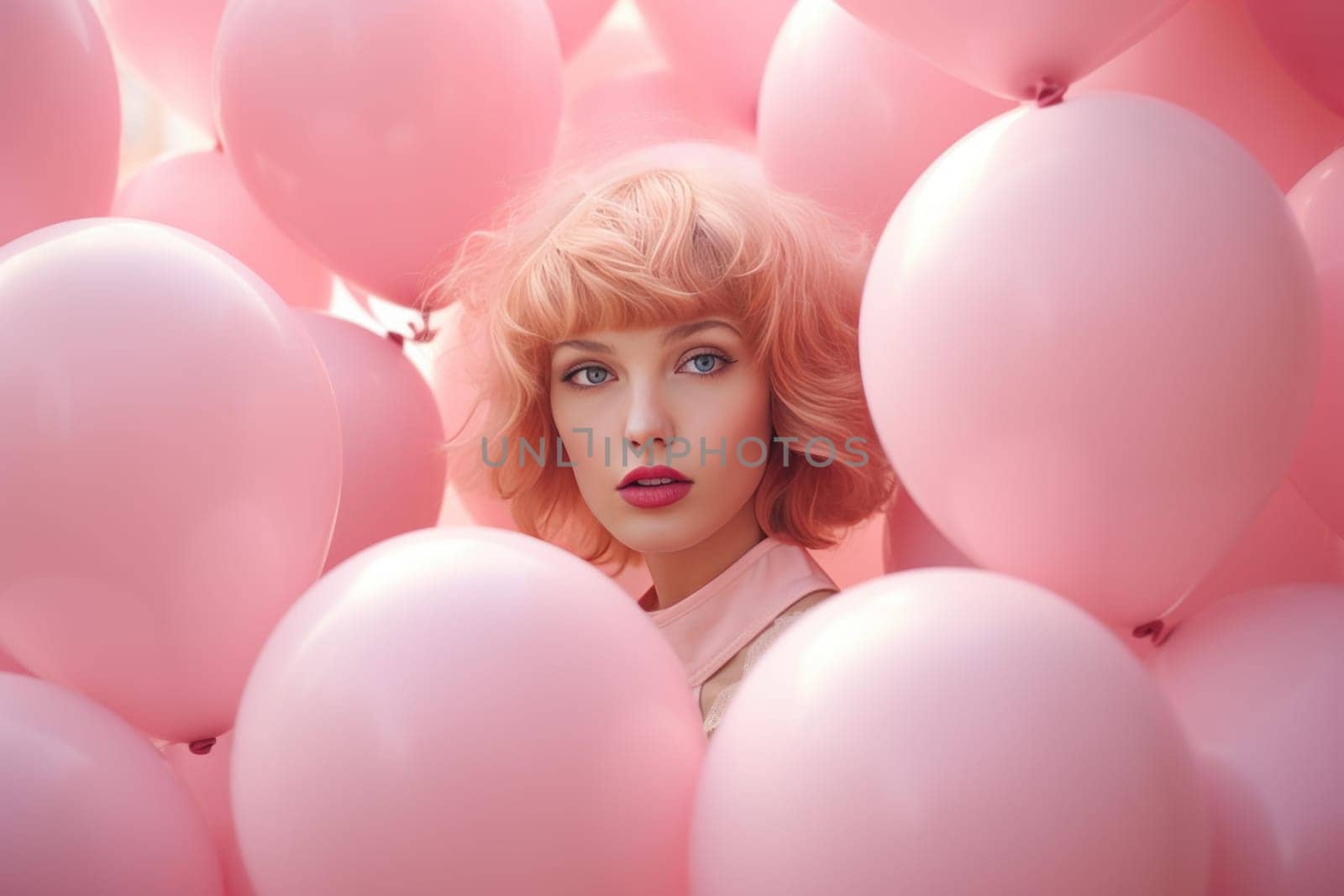 Lady with pink balloons background. Studio woman event with party looking. Generate AI