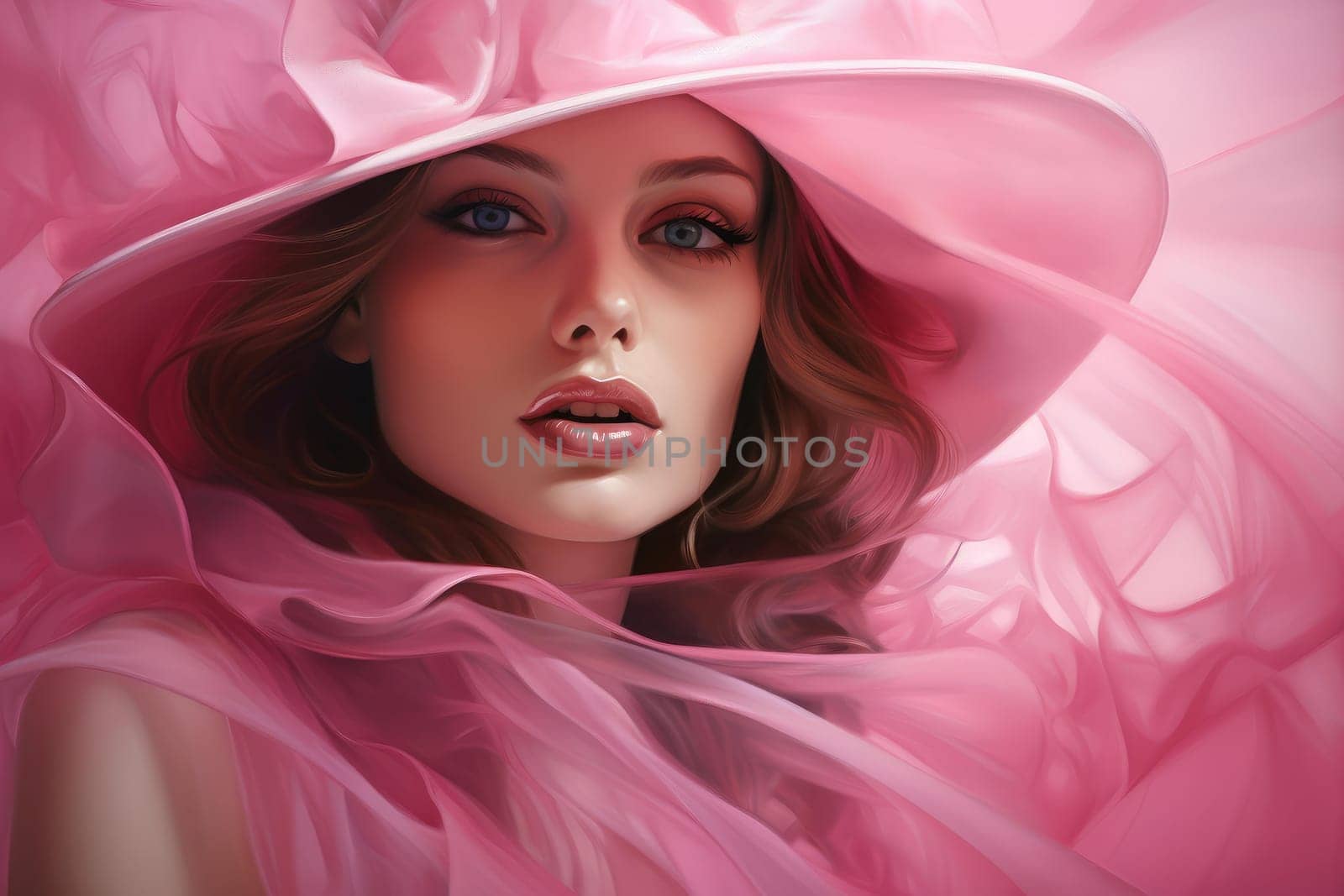 Playful Lady with pink. Happy cute model with smiling face. Generate AI