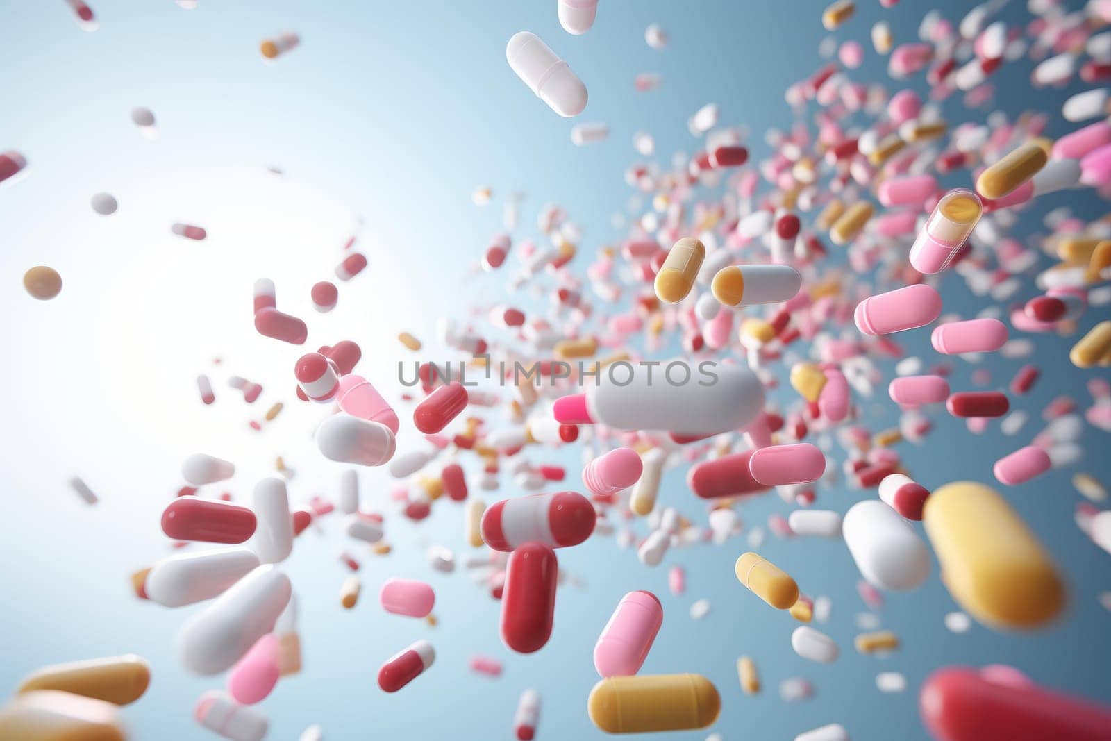 Medicinal Pills falling. Medicine capsule treatment. Generate Ai