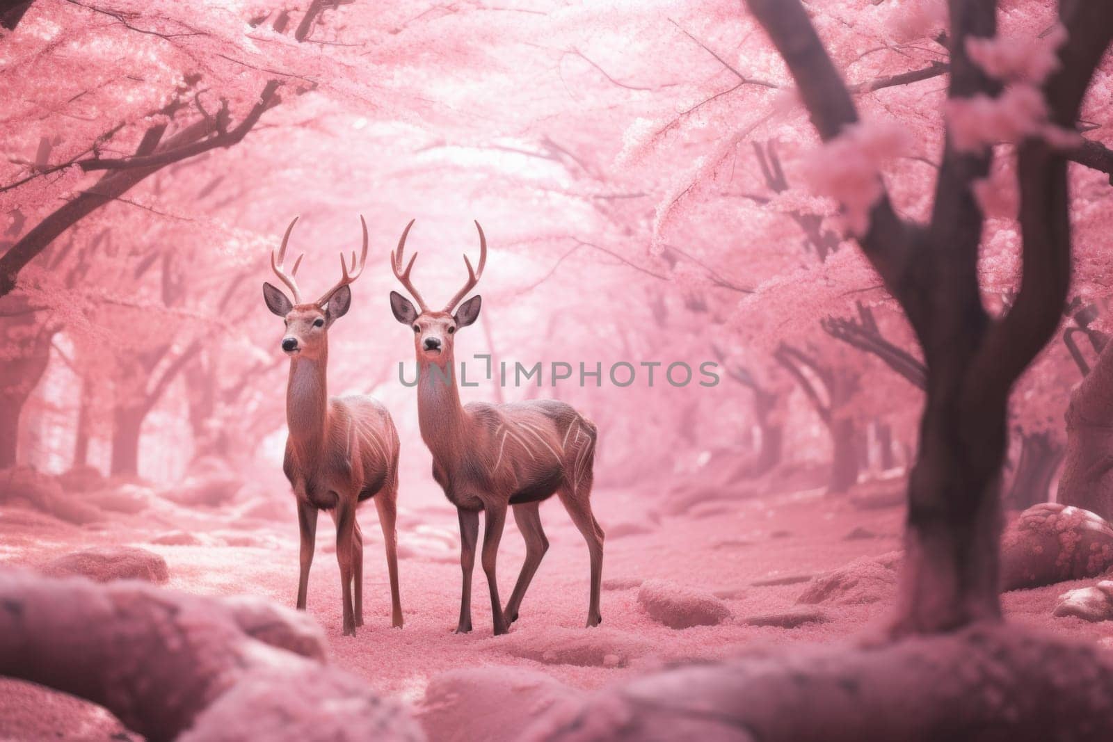Serene Pink forest deers view landscape. Nature panorama natural animal hill. Generate Ai