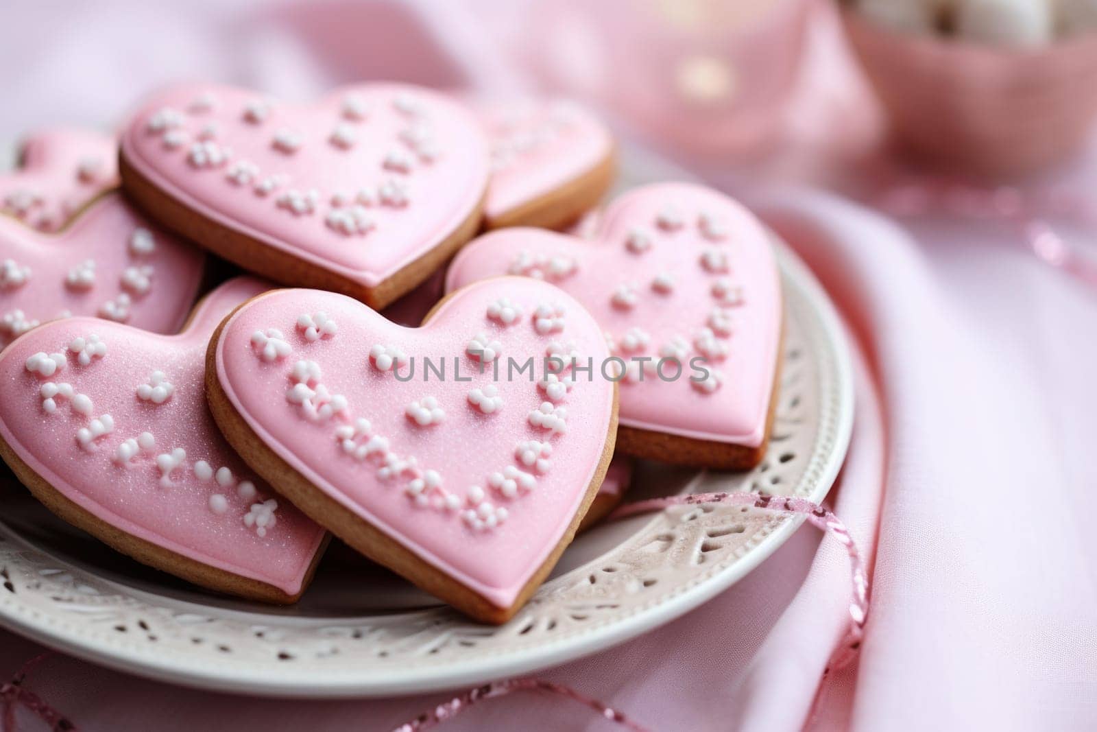 Festive Pink colorful heart cookies. Sugar sweet dessert romantic pastry. Generate Ai