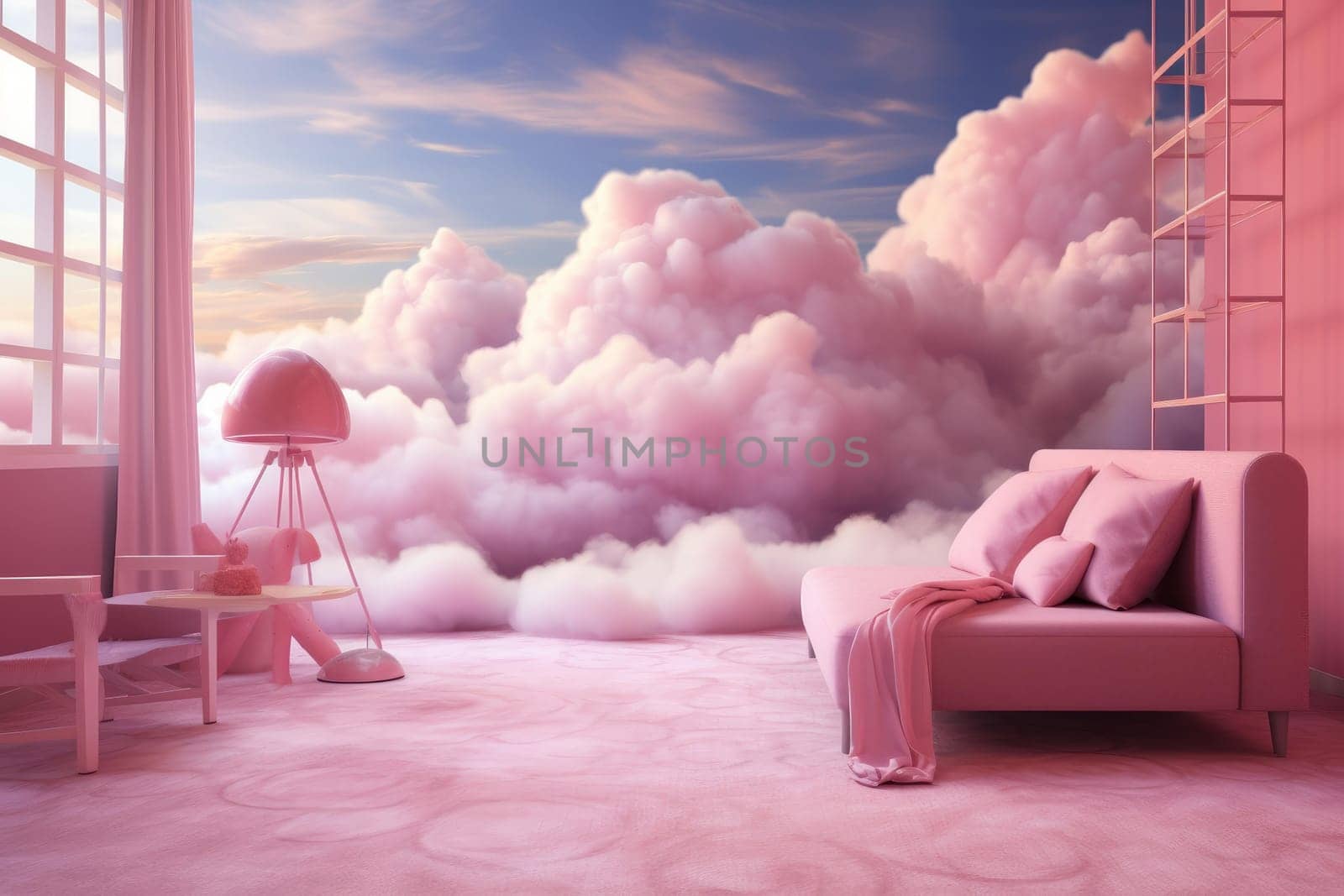 Pink clouds room. White sweet candy. Generate Ai
