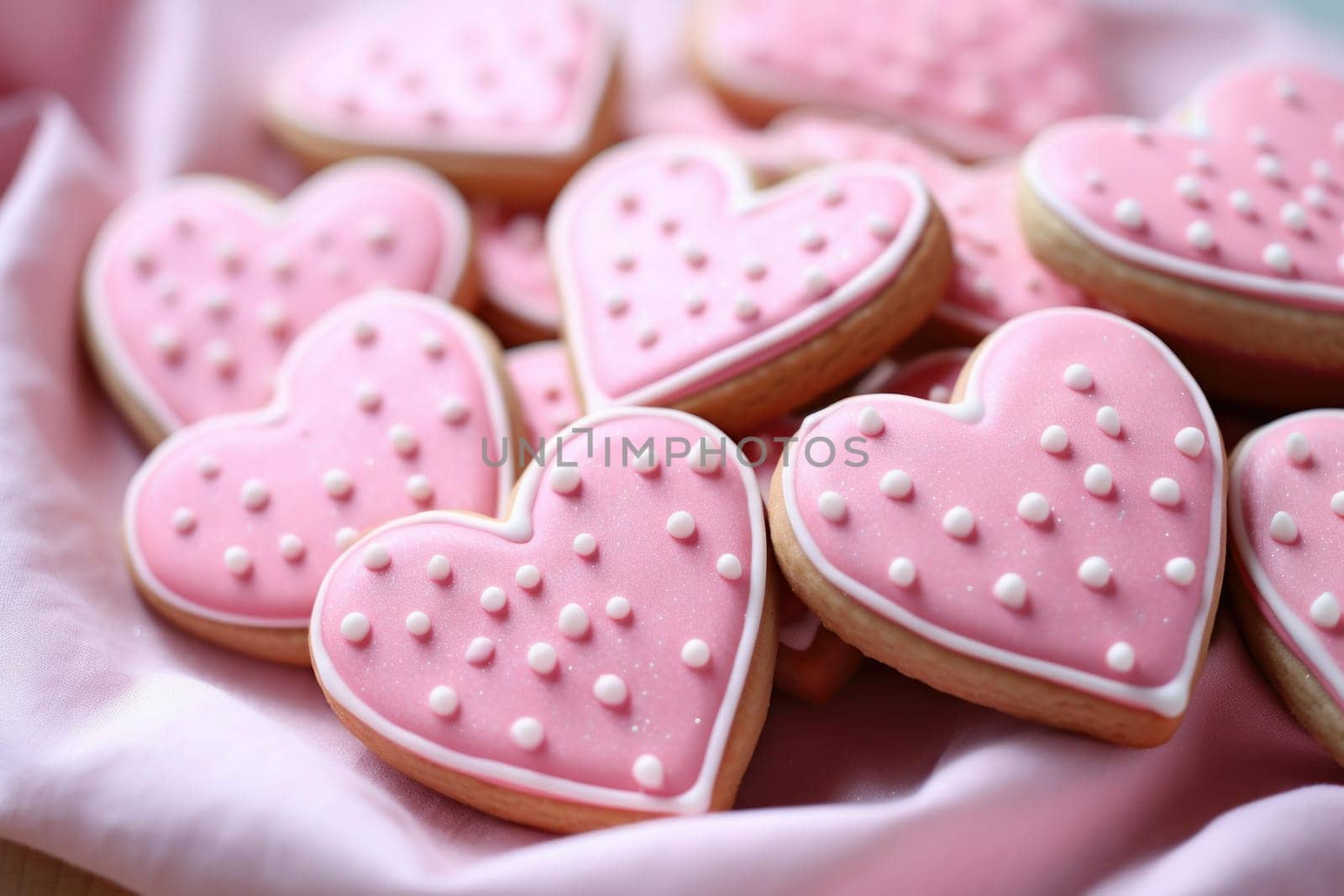 Attractive Pink colorful heart cookies. Sugar sweet dessert romantic pastry. Generate Ai