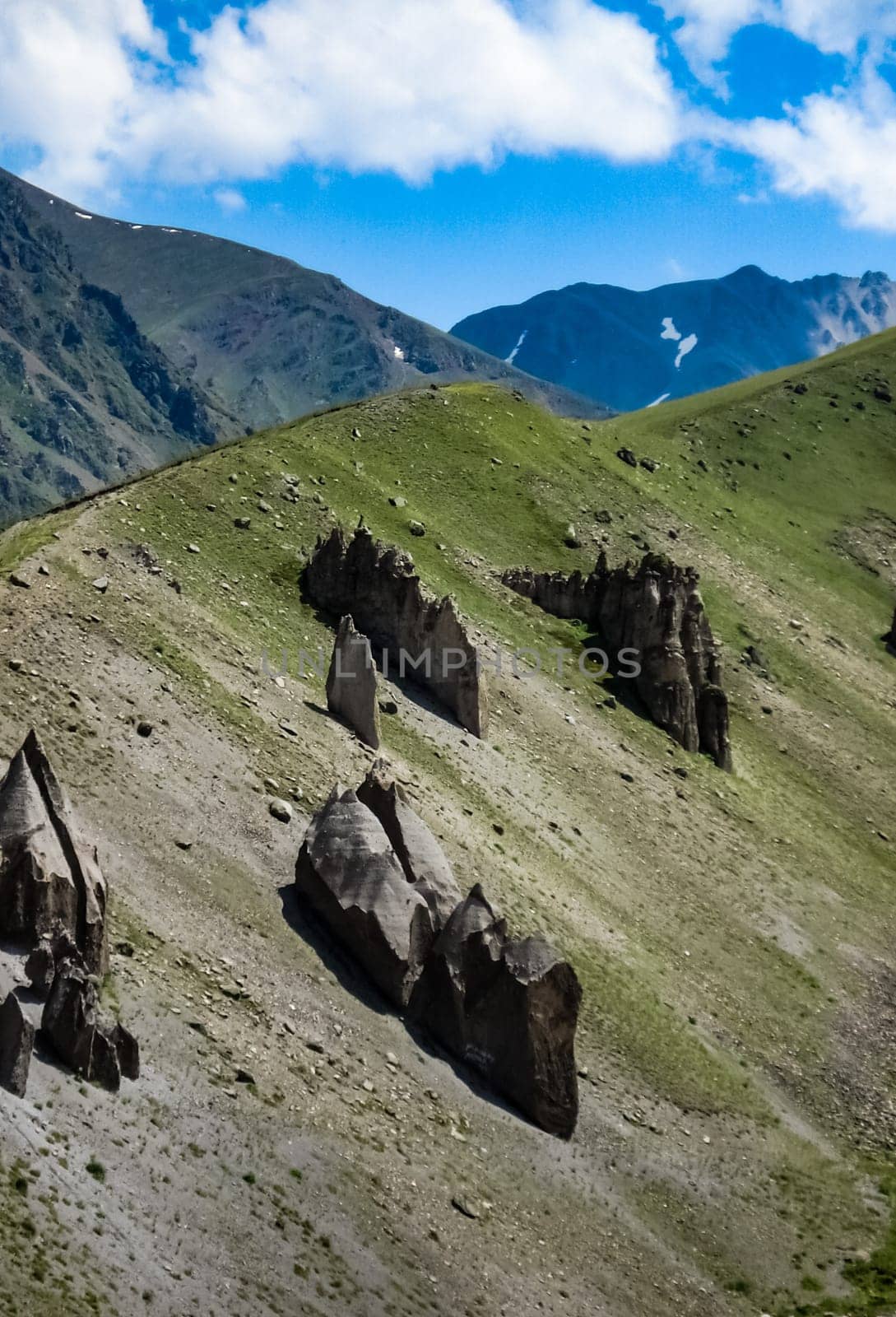 Mountain landscape with grass in the hills. Mountain landscape. Mountain vegetation.