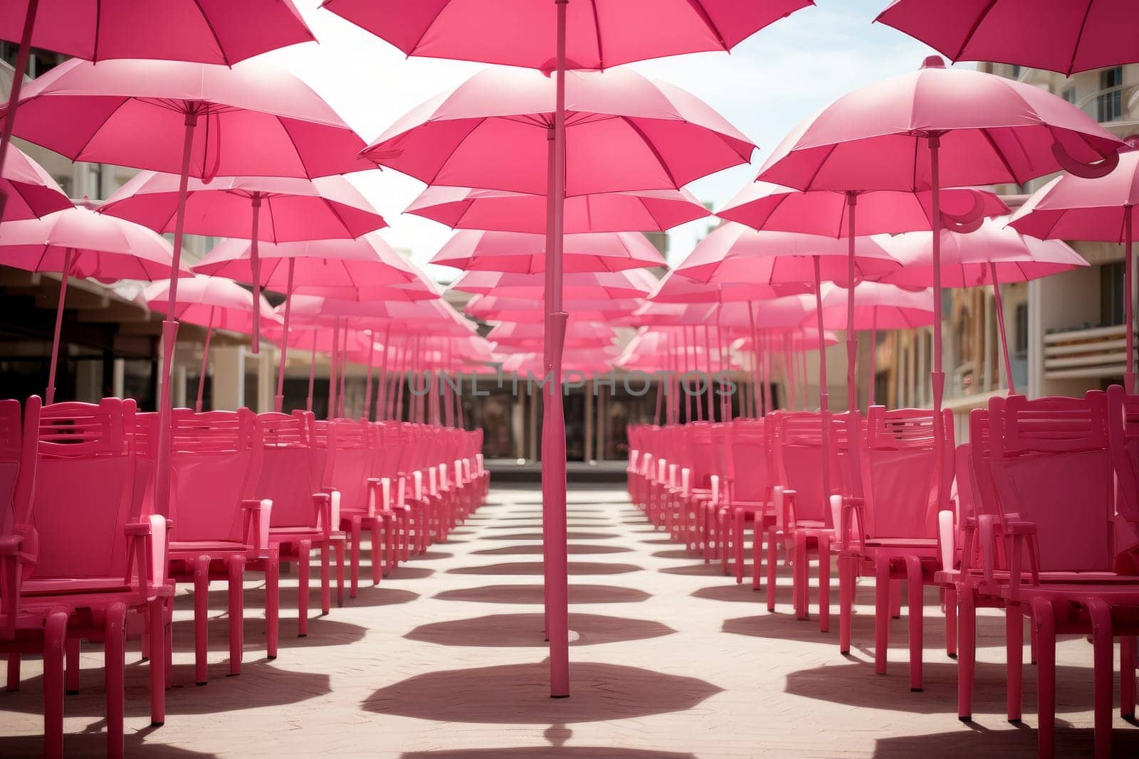 Dreamlike Pink beach surreal umbrella. Art summer. Generate Ai