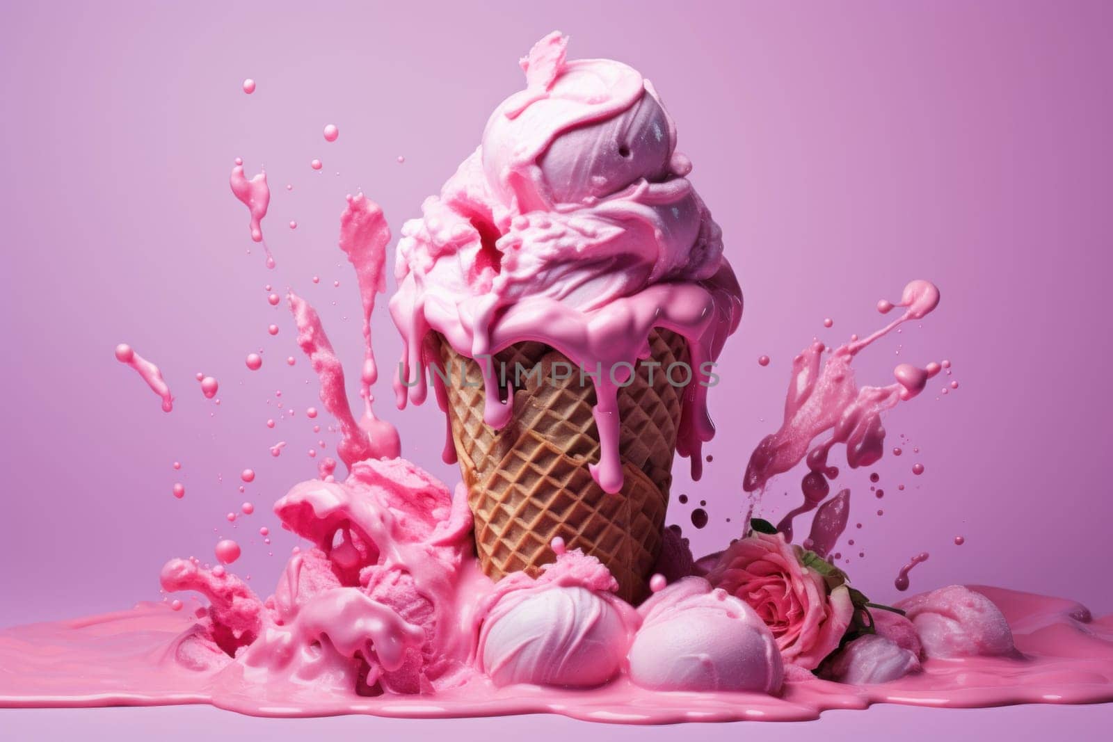 Pink ice cream. Food summer dessert. Generate Ai