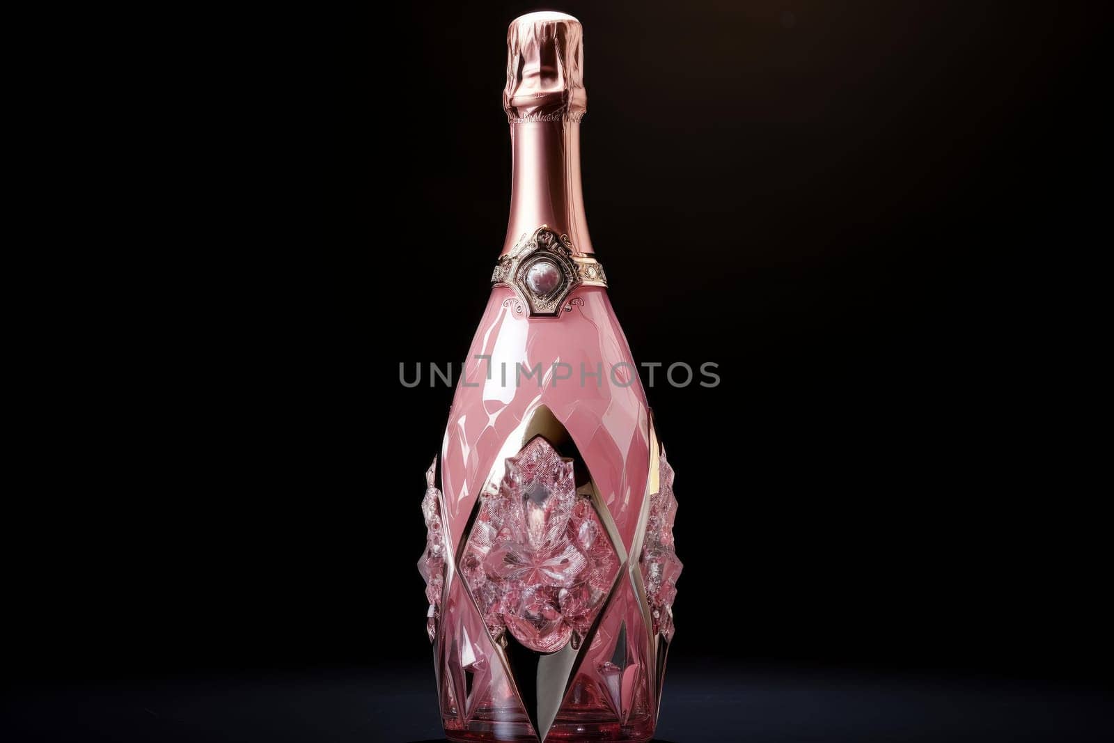 Pink champagne bottle. New party. Generate Ai