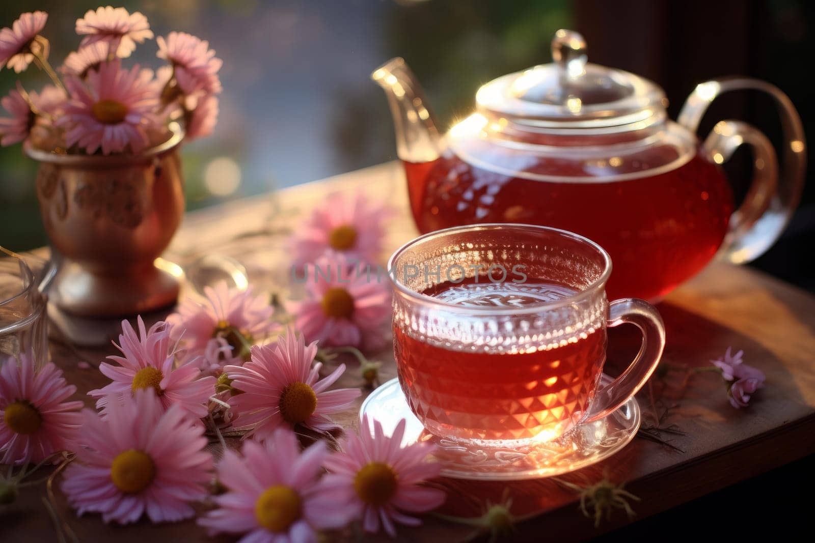 Pink chamomile tea cup banner. Flower love nature hot drink daisy. Generate Ai