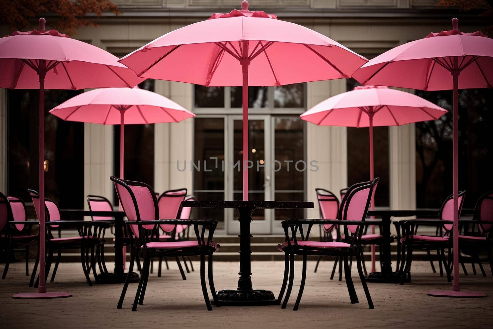 Scenic Pink beach surreal umbrella. Art summer. Generate Ai