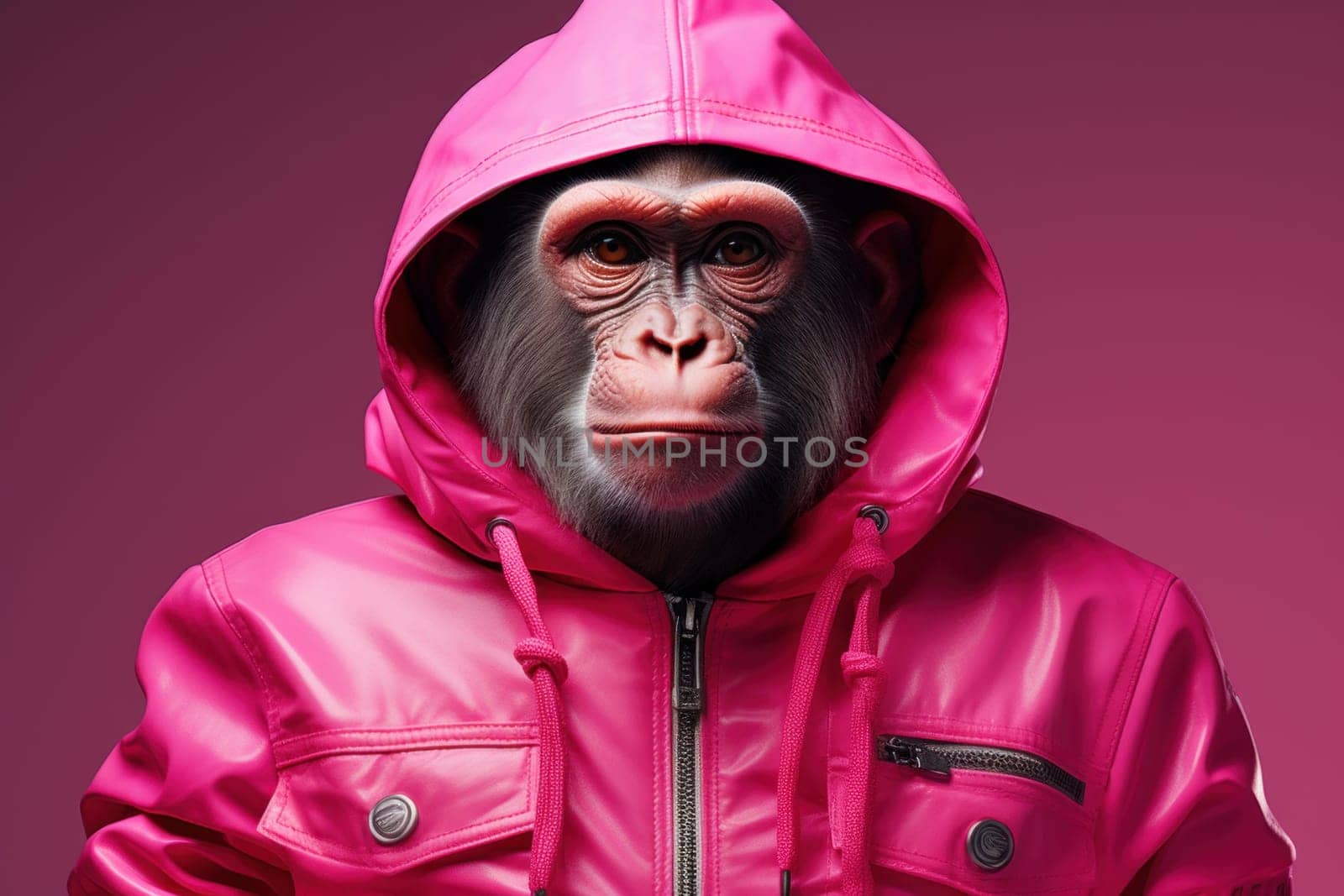Pink monkey. Funny character in jacket. Generate Ai
