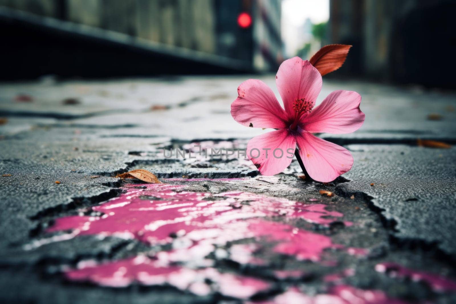 Delicate Pink flower asphalt. Spring life. Generate Ai