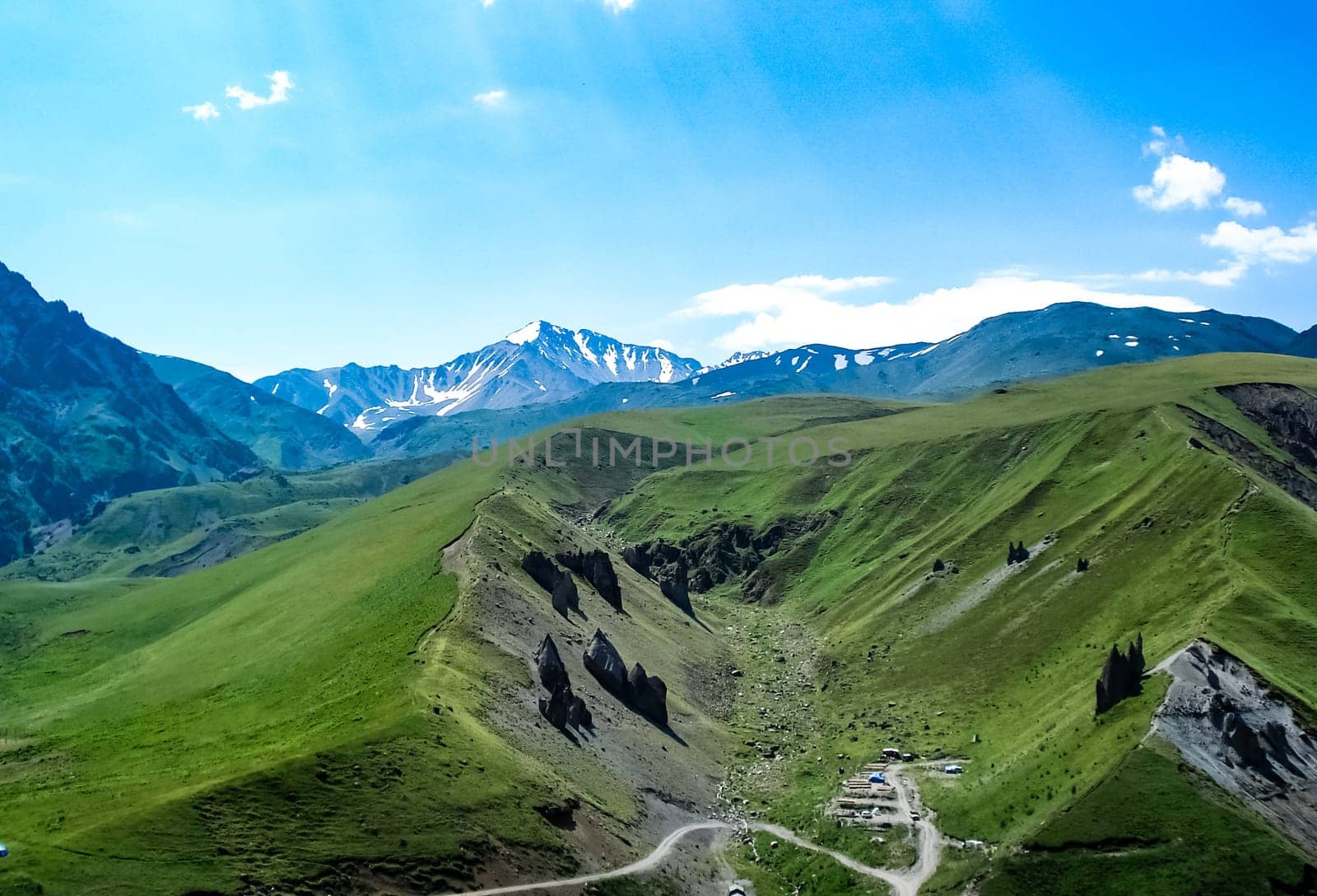 Mountain landscape with grass in the hills. Mountain landscape. Mountain vegetation.