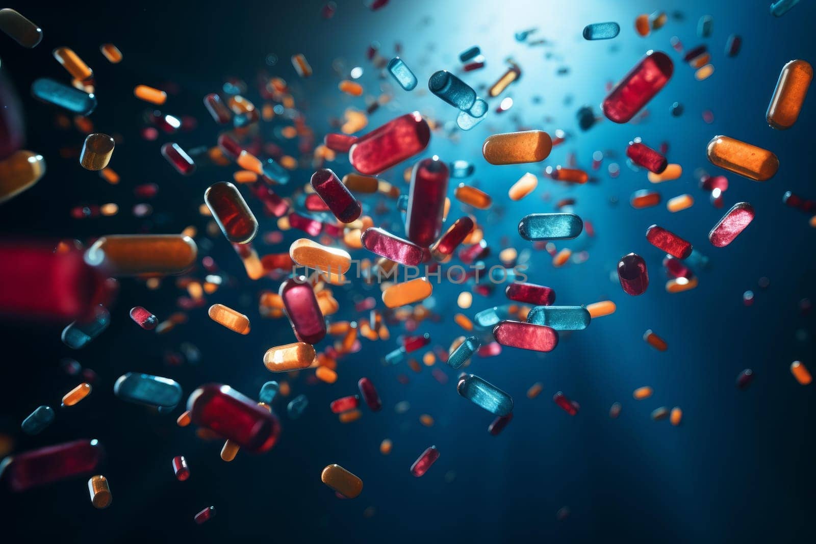 Scattered Pills falling. Medicine capsule treatment. Generate Ai