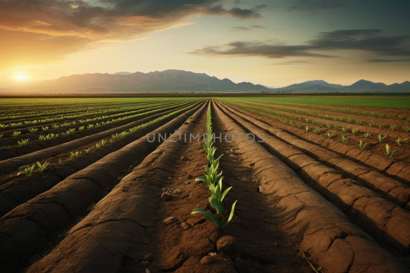 Field agricultural landscape tractor. Soil food. Generate Ai