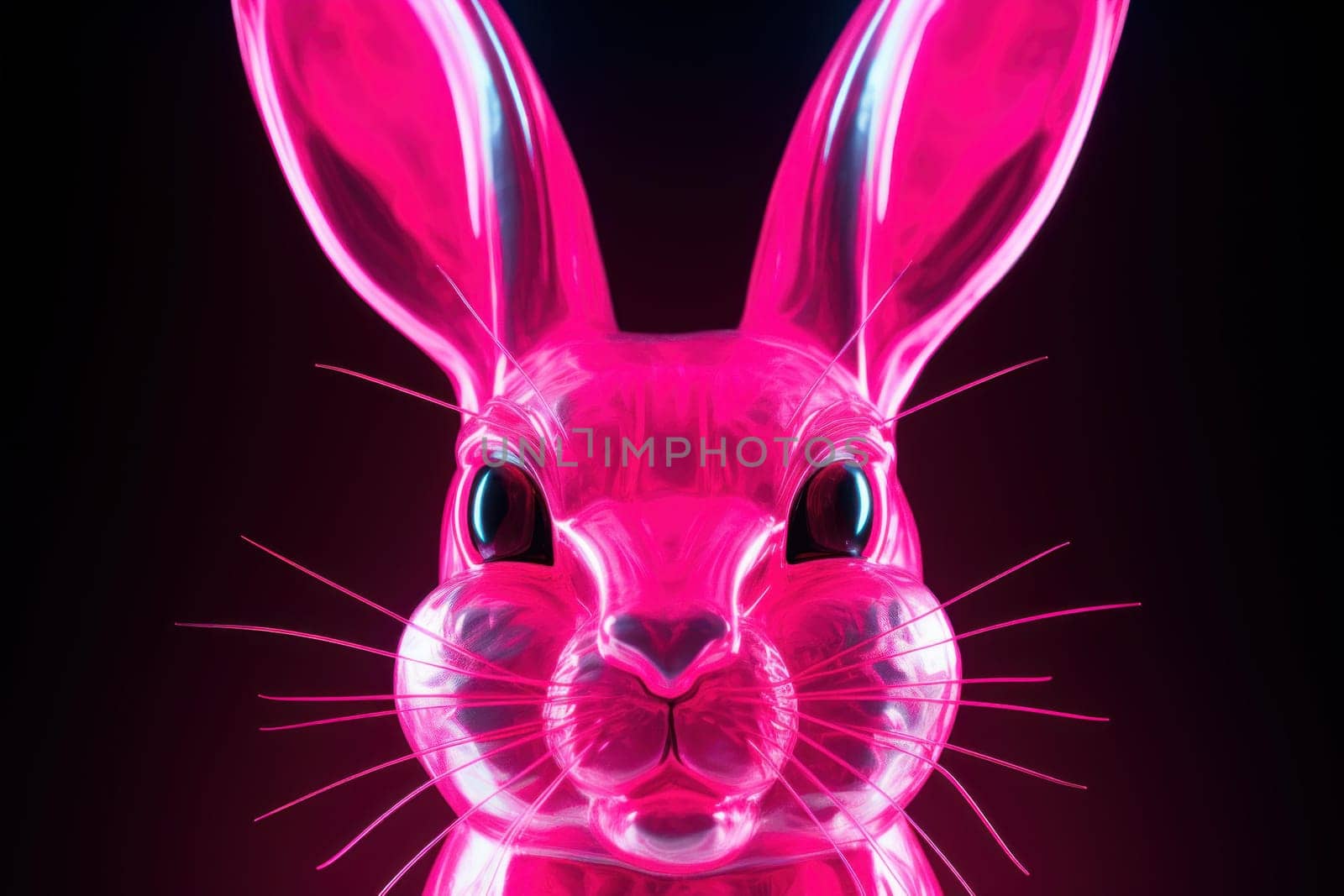 Glowing Pink neon rabbit. Animal cute card. Generate Ai