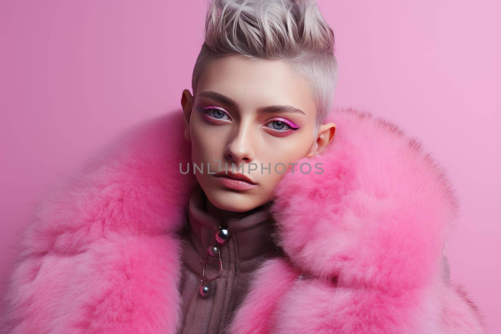Fashion-forward Pink non binary model. Happy person wearing rose clothes with pink hairstyle. Generate ai
