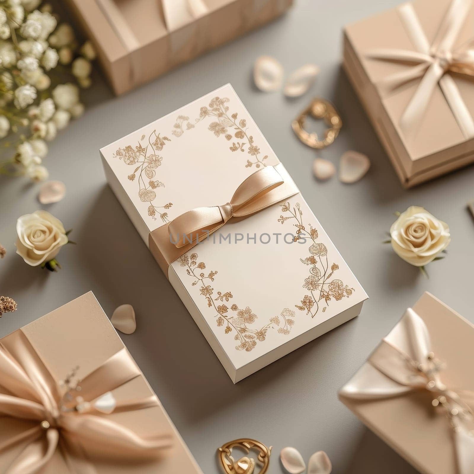 An overhead shot of a sophisticated wedding invitation ensemble, featuring a floral embossed design and satin ribbon, surrounded by matching gift boxes.