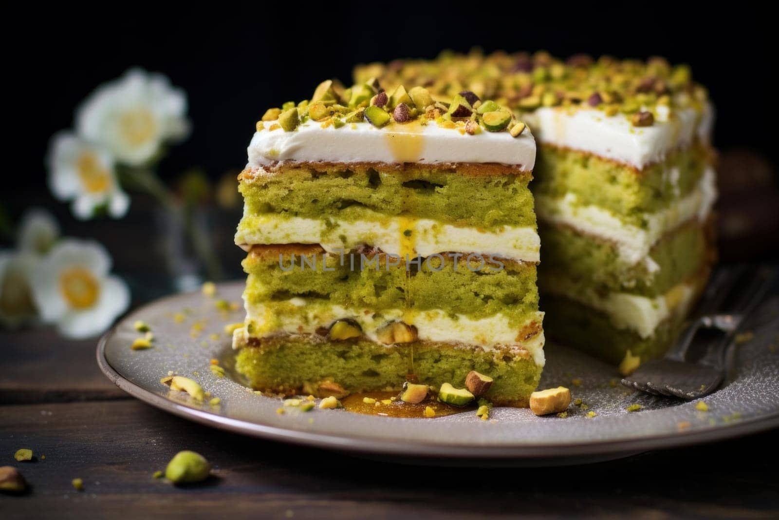 Nutty Pistachio cake slice. Tasty cream. Generate Ai