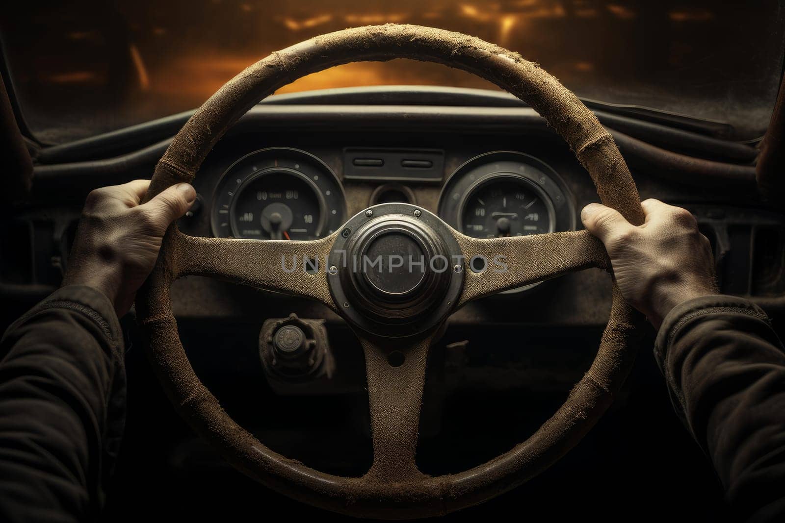Night hands steering wheel. Night drive. Generate Ai