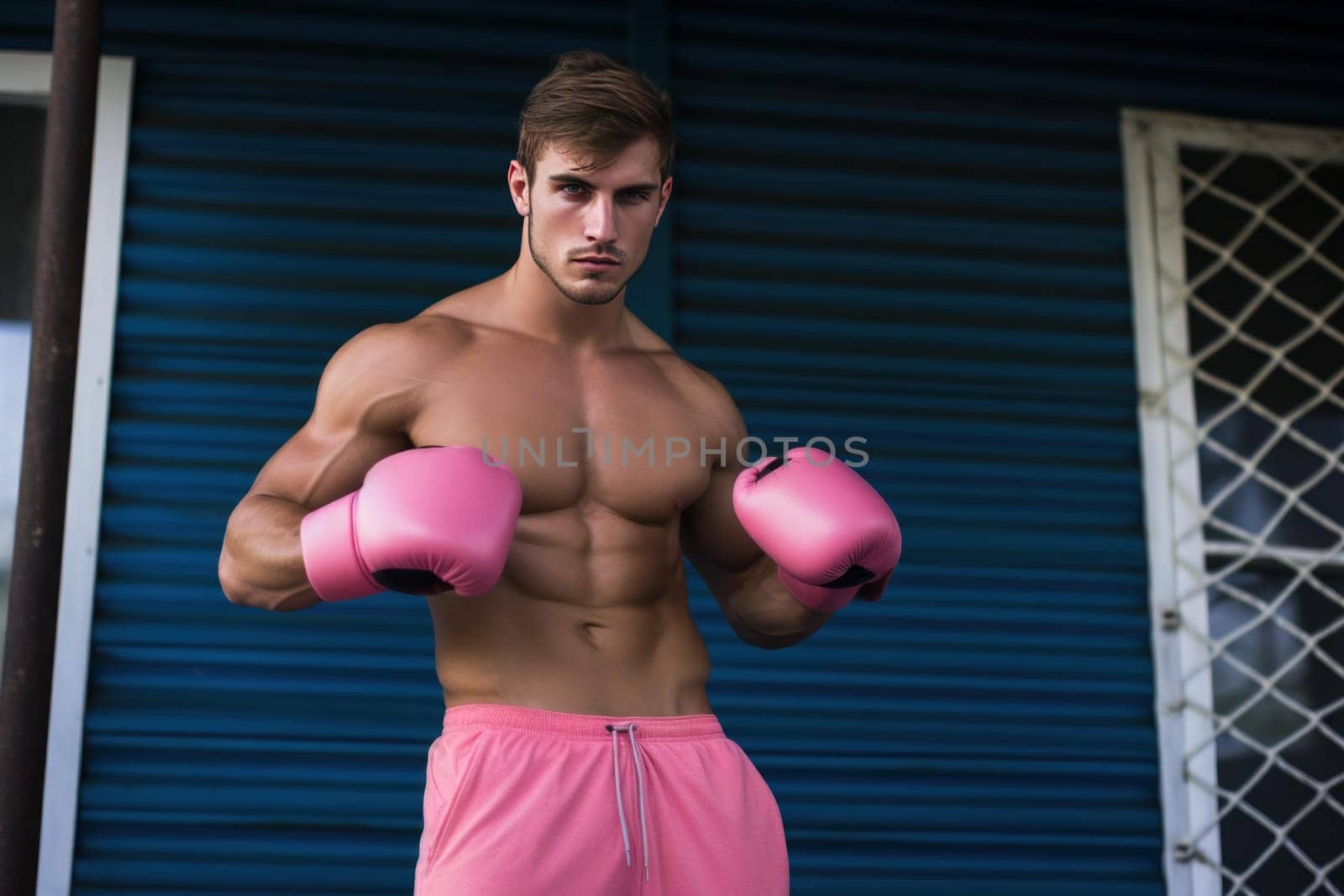 Athletic Pink woman sport boxer. Fun happy teen. Generate Ai