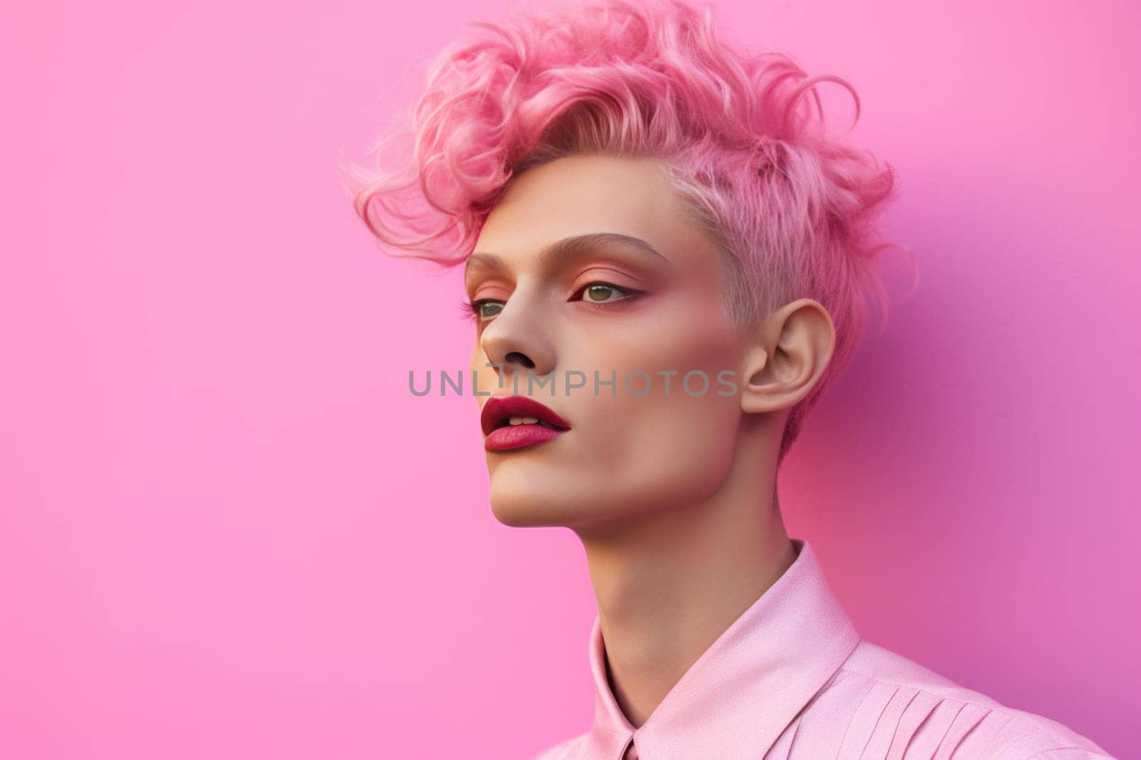 Pink non binary model. Happy person wearing rose clothes with pink hairstyle. Generate ai
