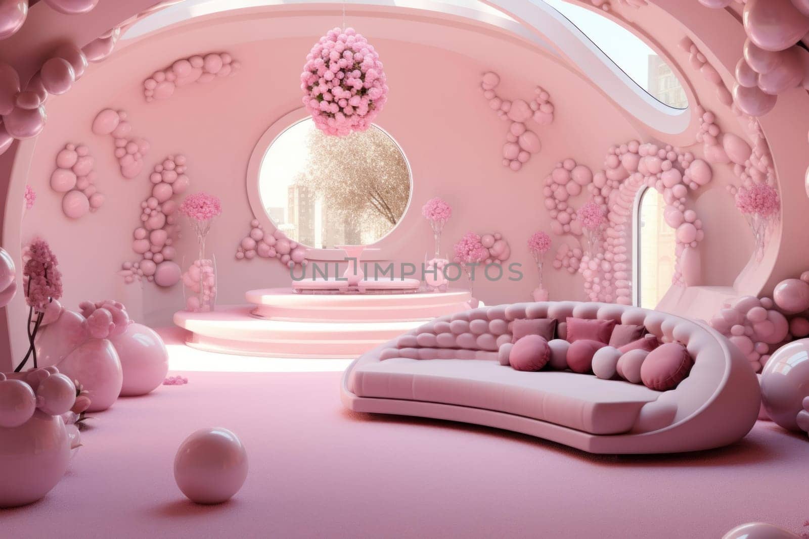 Pink flamingo themed room with furniture. Cozy pink couch in rose-hued party living room. Generate ai