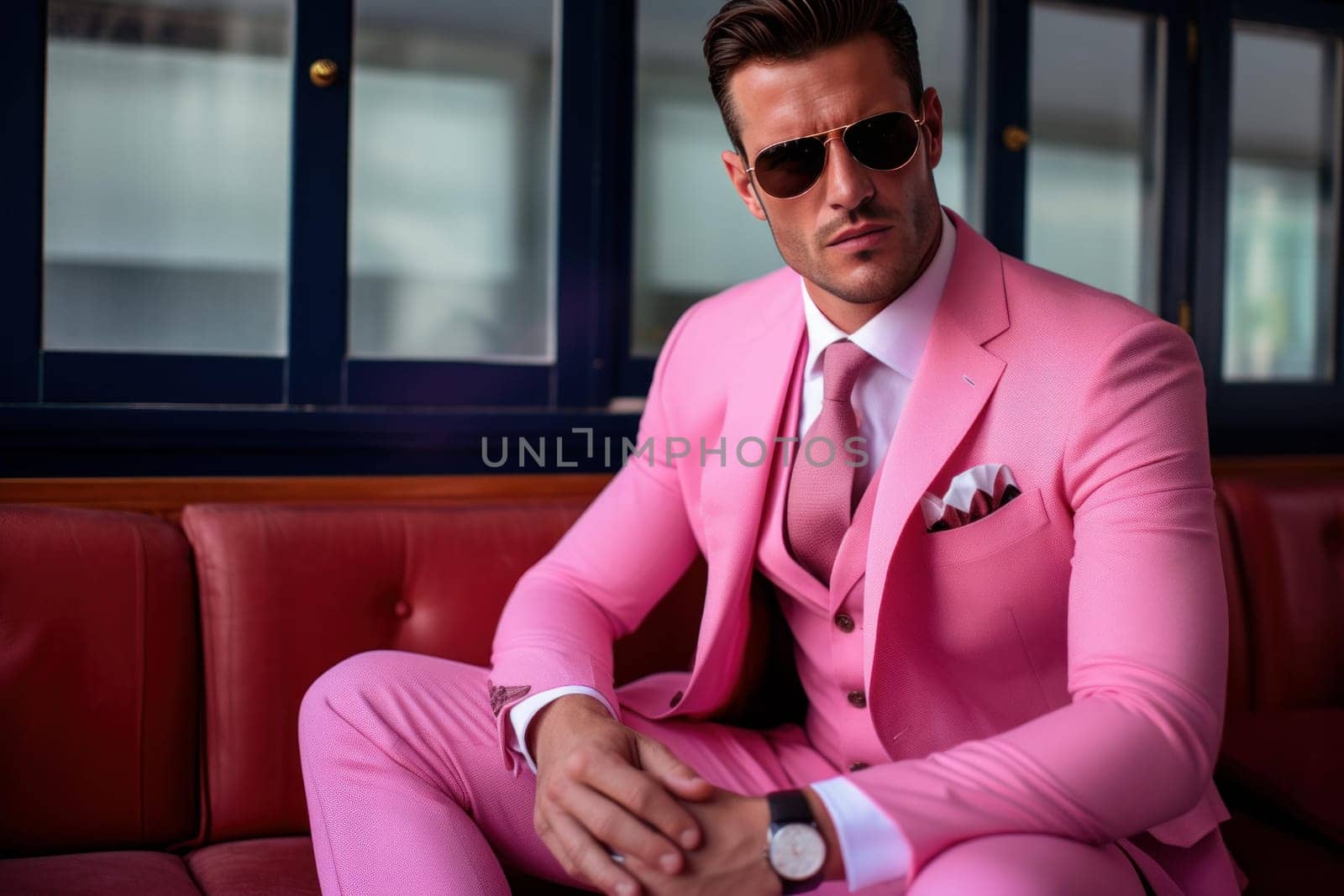 Stylish Pink suit men. Adult model. Generate Ai