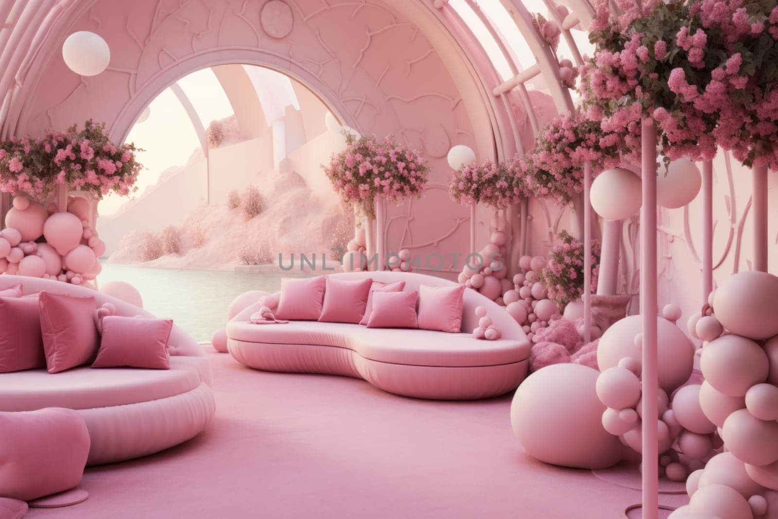 Unique Pink flamingo themed room with furniture. Cozy pink couch in rose-hued party living room. Generate ai