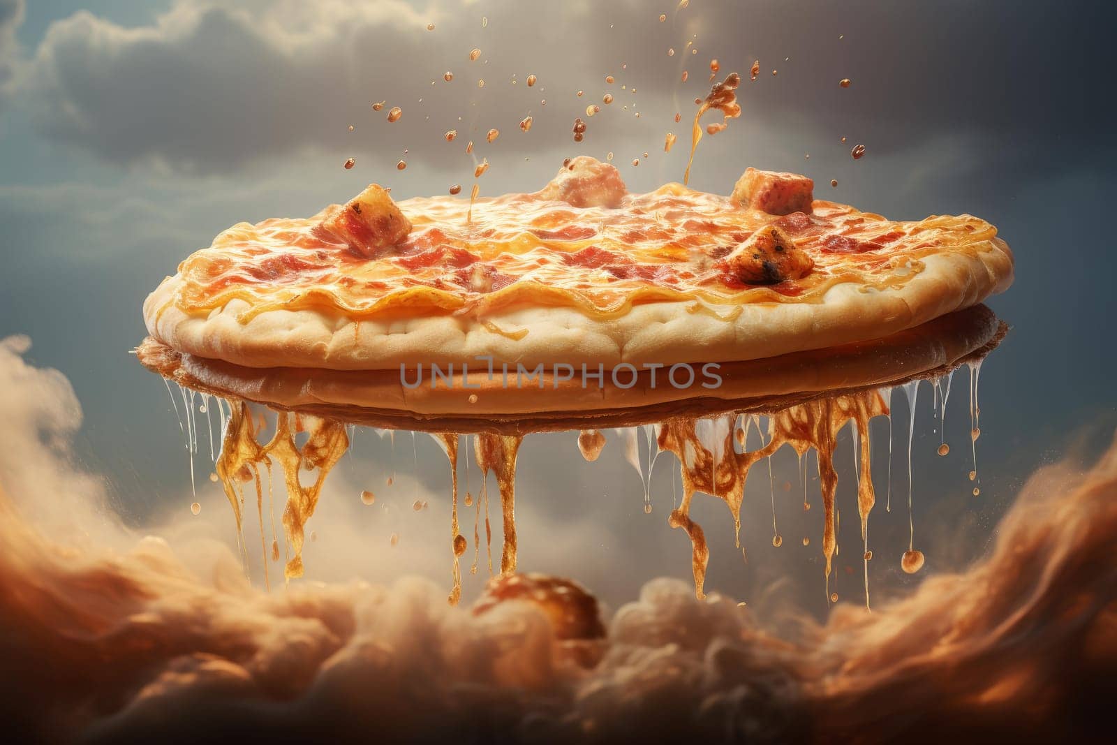Whimsical Pizza floating. Meal tomato gourmet. Generate Ai