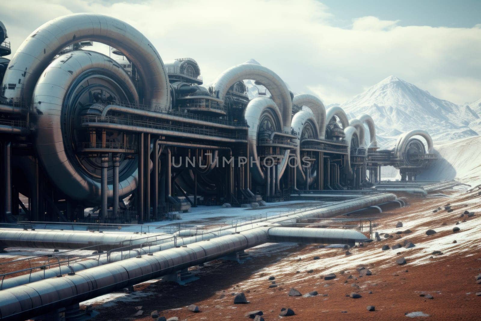 Pipeline wind turbines. Sky pipe metal. Generate Ai
