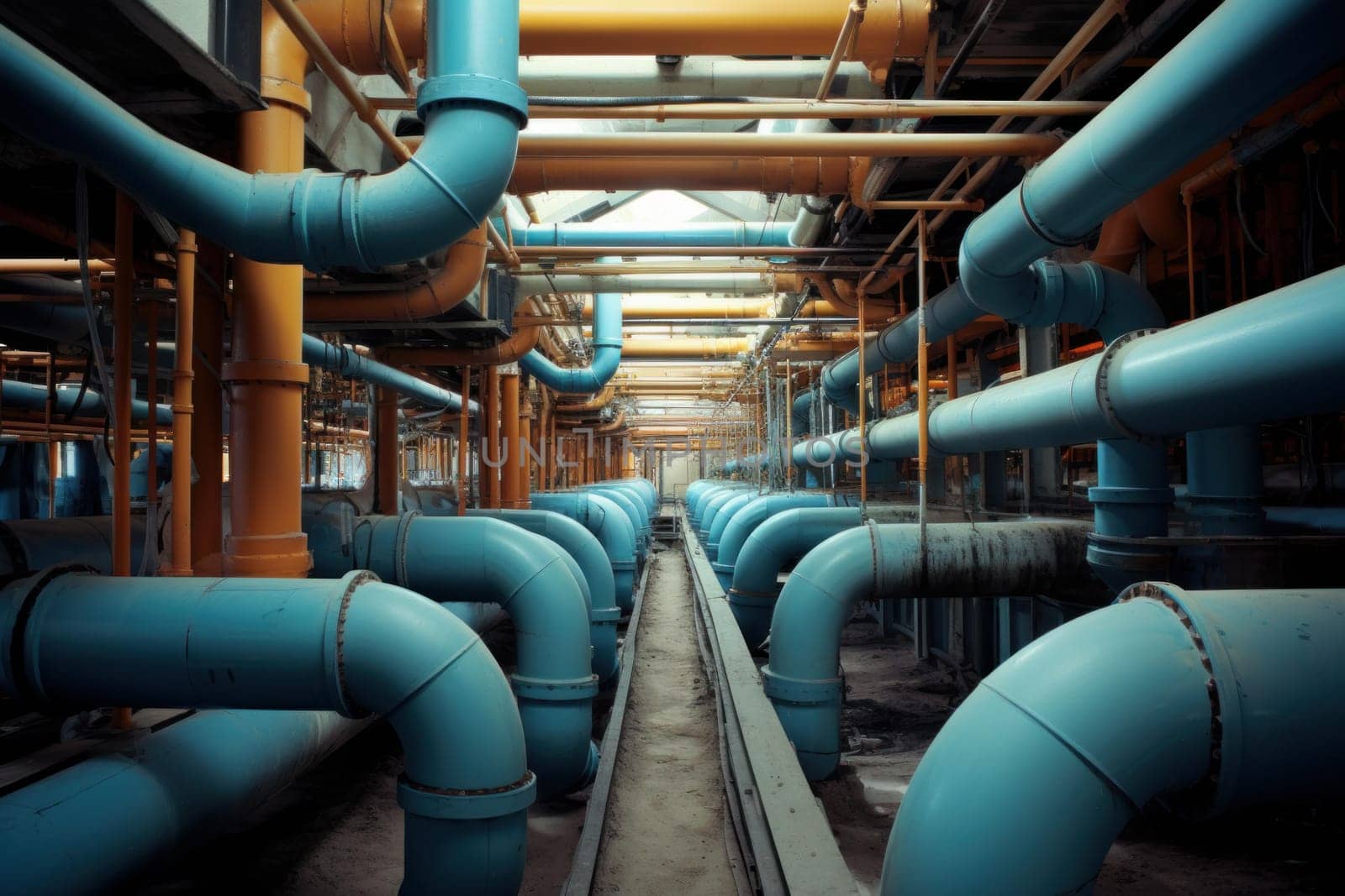 Complex Pipes installing concrete tunnel road. Works plumbing waster engineer construction. Generate Ai