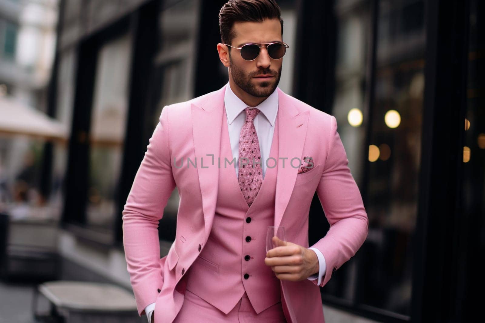Pink suit men. Adult model. Generate Ai
