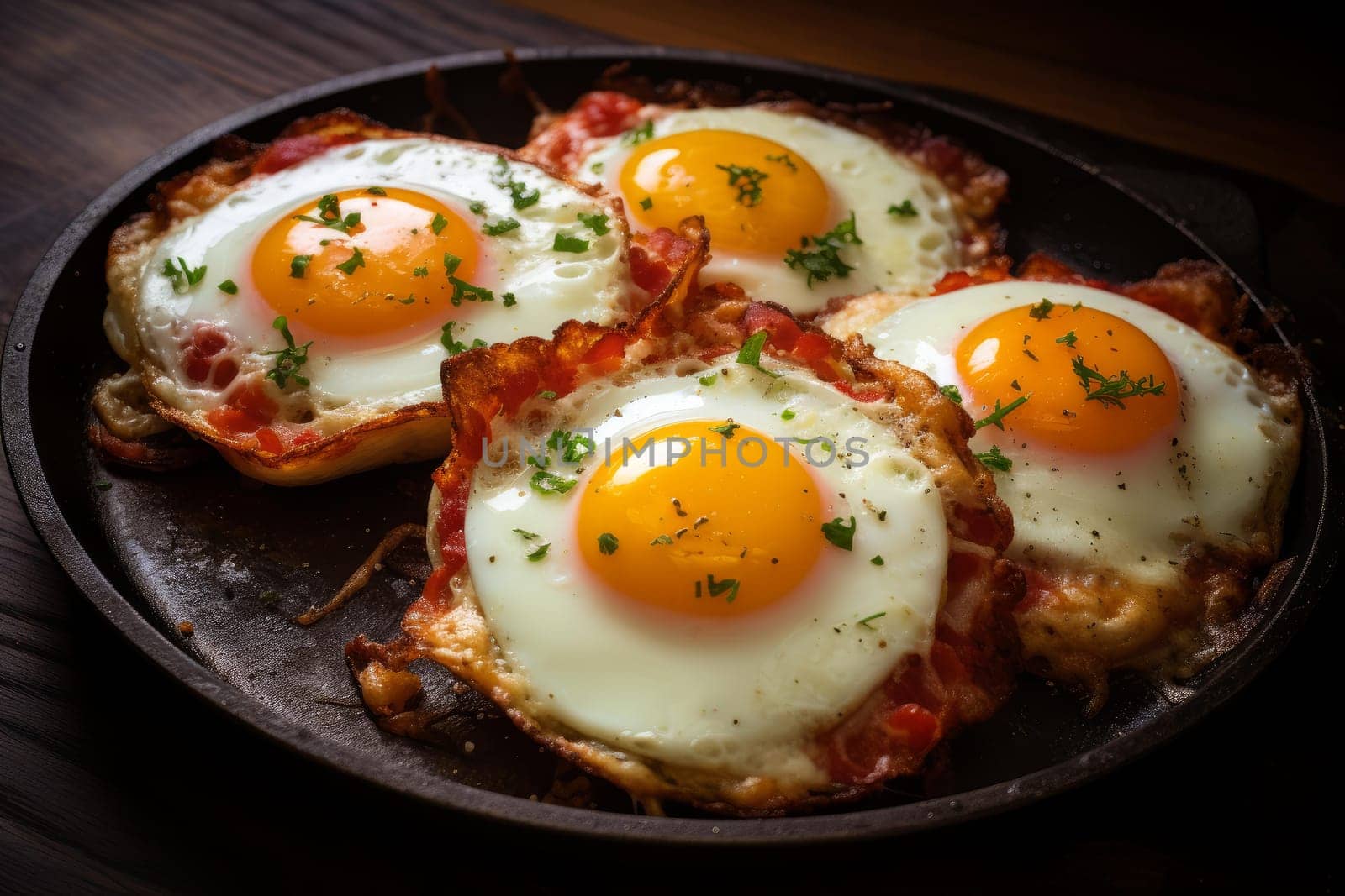 Pizza fried egg. Food table. Generate Ai