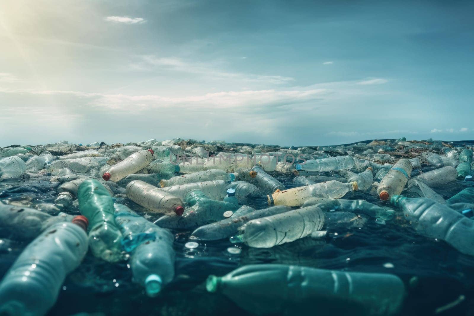Warming Plastic water bottles ocean sunlight. Garbage dirty. Generate Ai