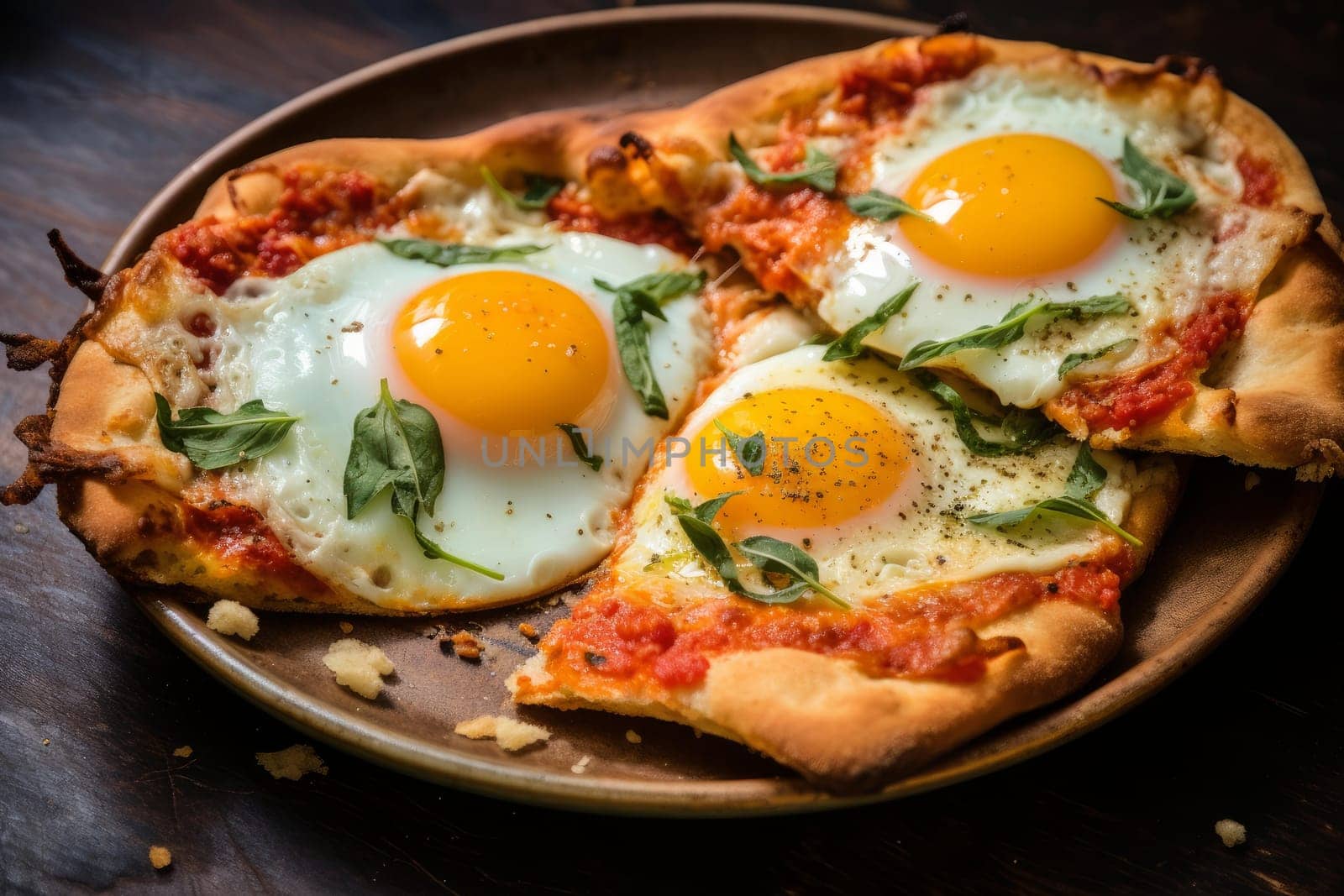 Aromatic Pizza fried egg. Food table. Generate Ai