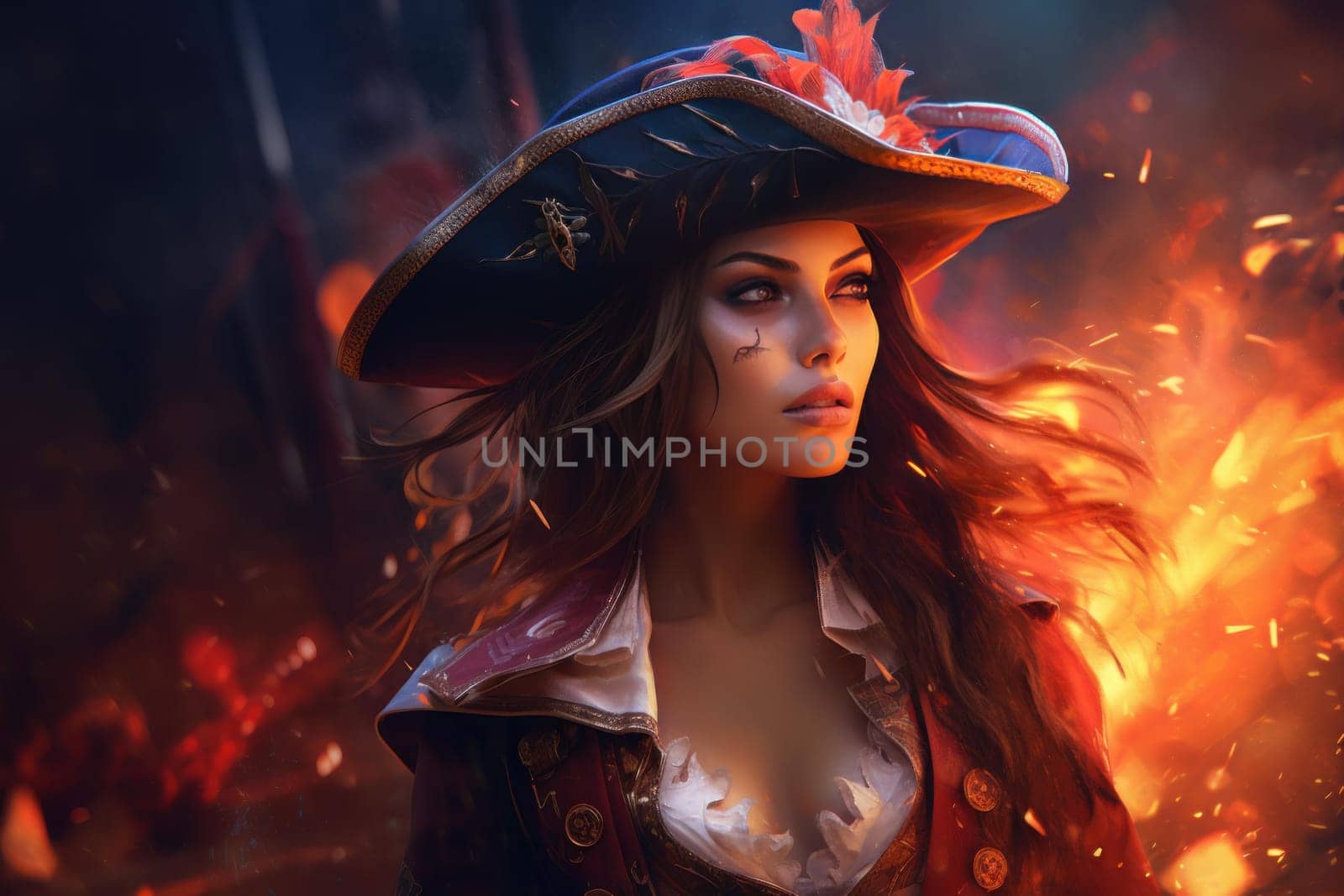 Pirate queen portrait. Face art retro person girl. Generate Ai