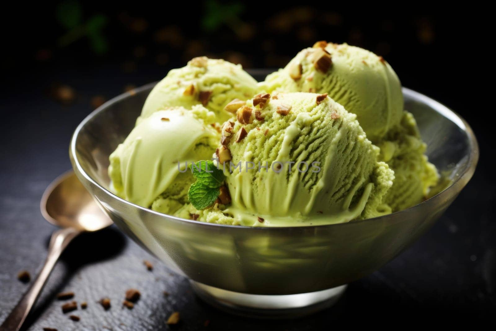 Indulgent Pistachio ice cream. Gelato food. Generate Ai