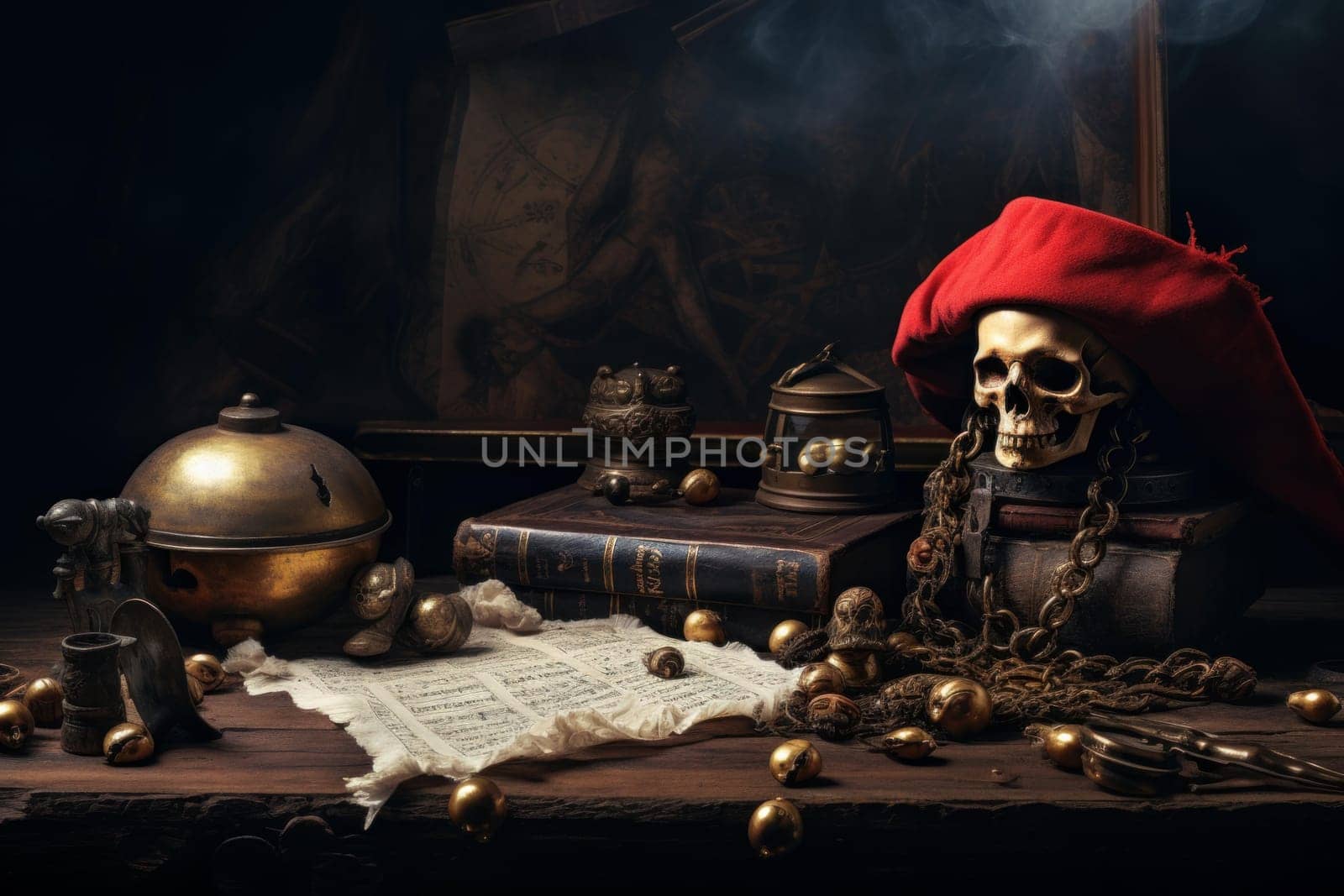 Adventurous Pirate day ship. Travel sea map. Generate Ai